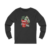 Urban SoulShine & co's "YEE HAW Santa Is Coming Donkey Claus Long Sleeve Tee" is a unisex jersey in black that features a festive design with a scooter-riding Santa carrying gifts in a large red bag. The shirt is topped off with the phrase "Yee Haw," making it perfect for the holiday season.