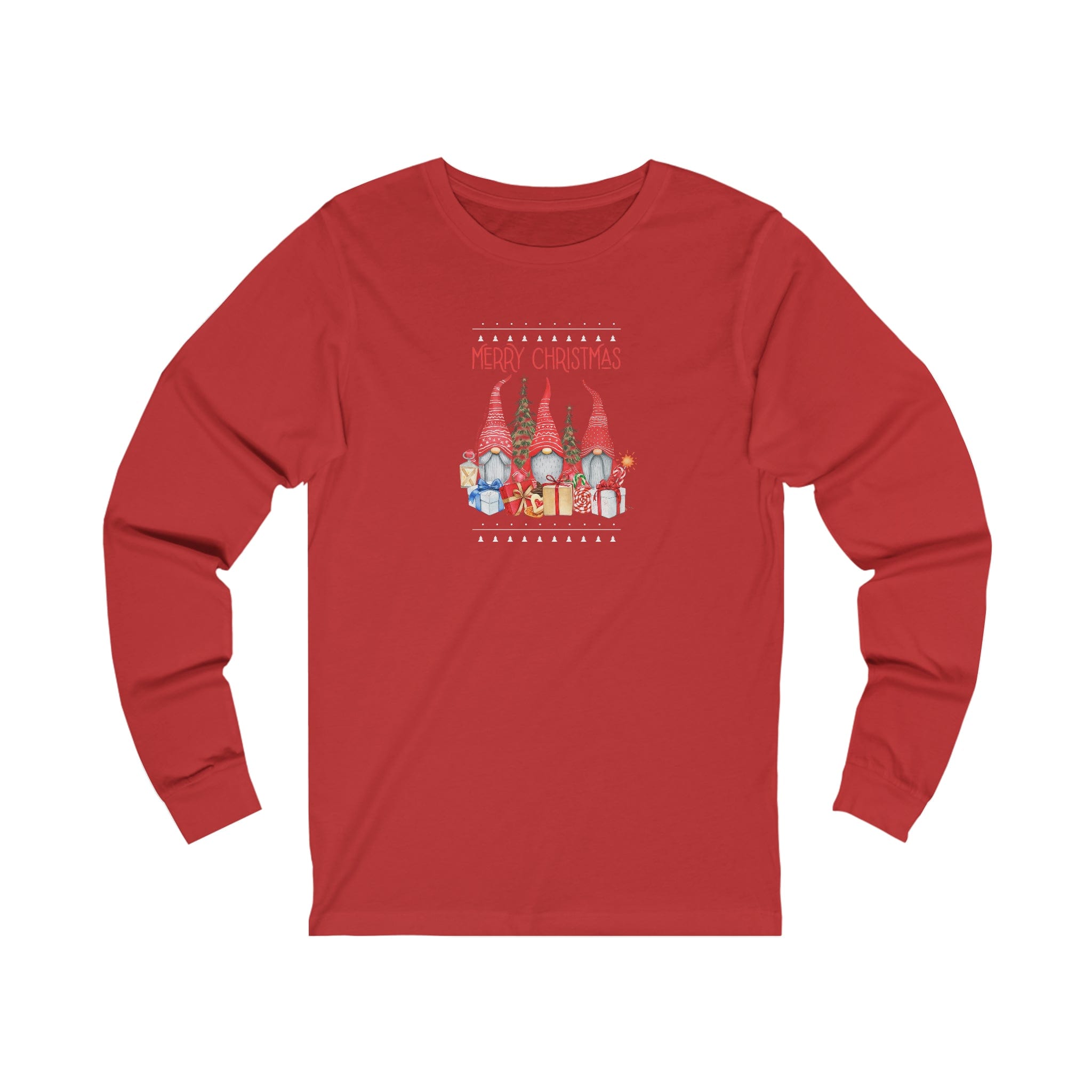 The Three Merry Gnomes Christmas Long Sleeve Tee by Urban SoulShine & Co features a whimsical "Merry Christmas" text design adorned with three festive gnomes in hats, set amidst charming Christmas trees and gifts. Made from soft Airlume cotton, this unisex jersey offers comfort and style for everyone throughout the holiday season.