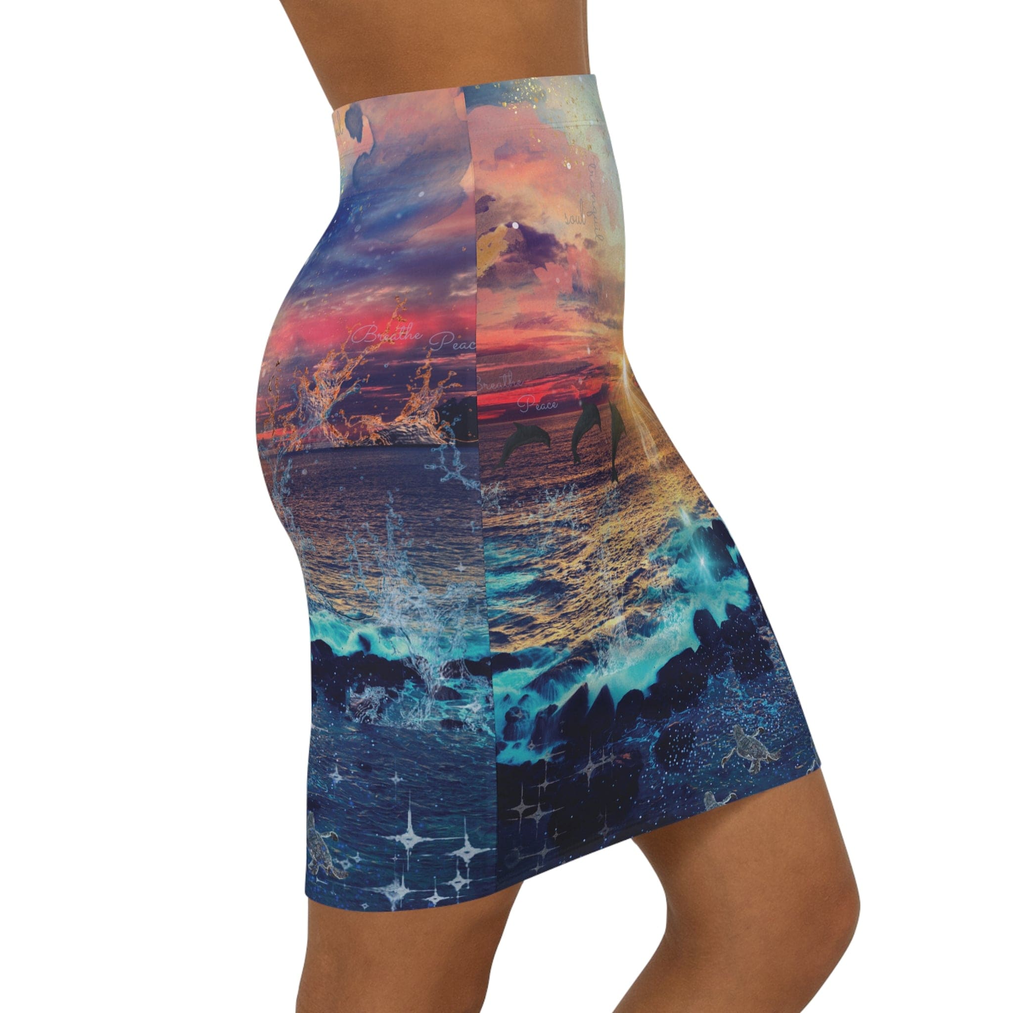 Urban SoulShine & co Mid Waist Skirts Ocean of Tranquility Inspirational Fitted Pencil Skirt