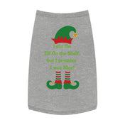 Urban SoulShine & co's "I Ate the Elf On the Shelf Holiday Pet Shirt" comes in gray and sports a festive design featuring an elf hat, shoes, and the playful text: "I ate the Elf on the Shelf, but I promise I was Nice!" This pet shirt humorously combines holiday spirit with playful mischief and is conveniently machine washable for easy cleaning.