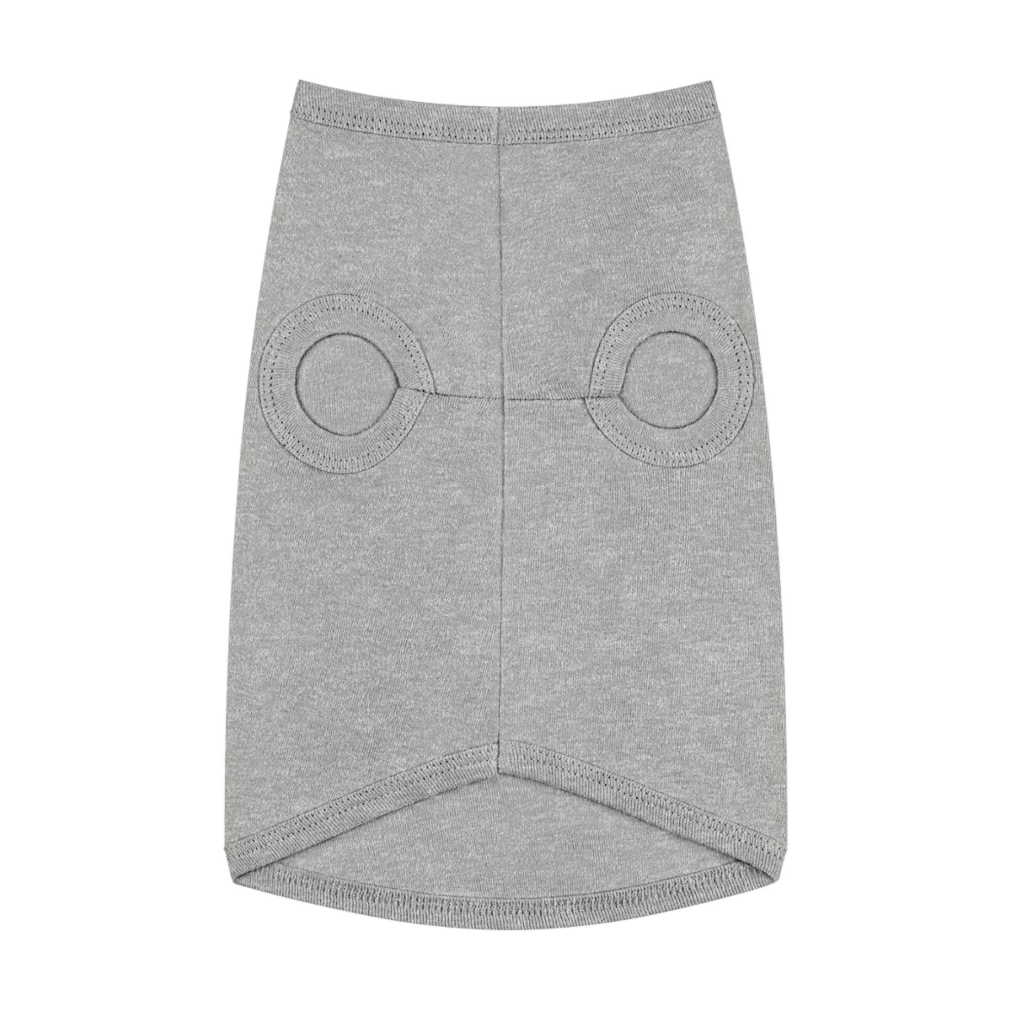 Introducing the "I Ate the Elf On the Shelf Holiday Pet Shirt" by Urban SoulShine & Co. This gray, sleeveless shirt, designed with simplicity in mind, is perfect for your furry friend. Adorned with two circular stitched patterns on the back and made from plain fabric, it guarantees both style and comfort. It's machine wash safe and includes a small slit at the bottom for added ease.