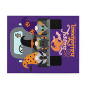 The Farm Truck Gnomes Halloween Puzzle by Urban SoulShine & co features costumed gnomes sitting in a truck against a purple backdrop, adorned with a pumpkin and the text "Happy Halloween." Made from high-quality chipboard, this 120-piece puzzle comes in a gift-ready box.