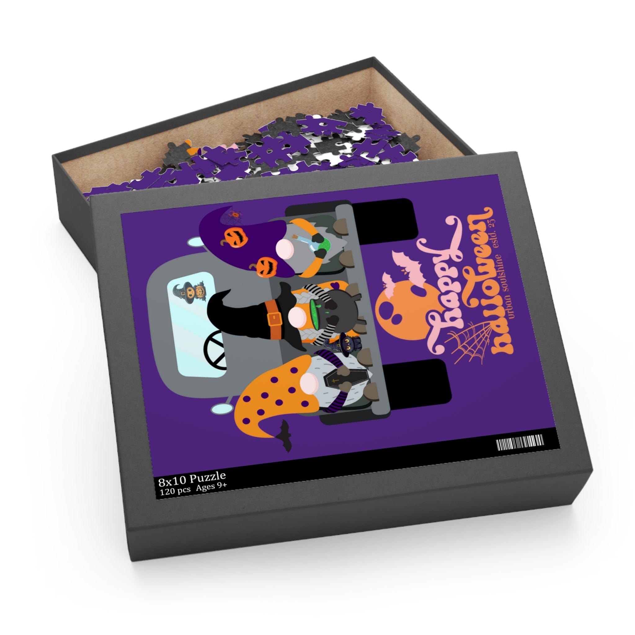 The Farm Truck Gnomes Halloween Puzzle by Urban SoulShine & co showcases a lively cartoon depiction of a car trunk overflowing with festive items such as a witch hat, pumpkin, and candies. Packaged in a premium chipboard box perfect for gifting, opening it reveals 120 purple and black pieces that spell out "Happy Halloween.