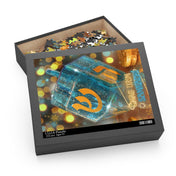 The Happy Festival Of Lights Hanukkah Jigsaw Gift Puzzle by Urban SoulShine & co features a vibrant illustration of a dreidel adorned with Hebrew letters, glowing lights, and a menorah. Crafted from high-quality chipboard, this 11x14-inch puzzle box contains 252 pieces and is designed for ages 9 and up, making it an ideal holiday gift for puzzle enthusiasts.