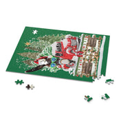 A partially completed Long Ear Christmas Tree Farm Donkey Claus Jigsaw Puzzle by Urban SoulShine & co adorns a flat surface, showcasing a festive scene with snowy trees, a red truck, and a playful dog in a Santa hat. Crafted from high-quality chipboard, the pieces fit snugly together, with only a few edges left to complete.