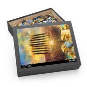 Introducing the Menorah Miracles Hanukkah Jigsaw Gift Puzzle by Urban SoulShine & co. This holiday gift includes a 252-piece puzzle depicting a menorah and stacks of coins set against a stunning sunset backdrop. The box lid showcases the assembled image, making it an ideal choice for individuals aged 9 and up.