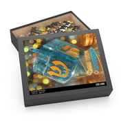 This delightful Happy Festival Of Lights Hanukkah Jigsaw Gift Puzzle, brought to you by Urban SoulShine & co, is a captivating 500-piece set depicting a blue dreidel with gold coins and radiant lights. Measuring 16x20 inches and crafted from premium chipboard, it's perfect for anyone aged 9 and up, making it an excellent holiday gift. The puzzle pieces are charmingly scattered beside the open box.