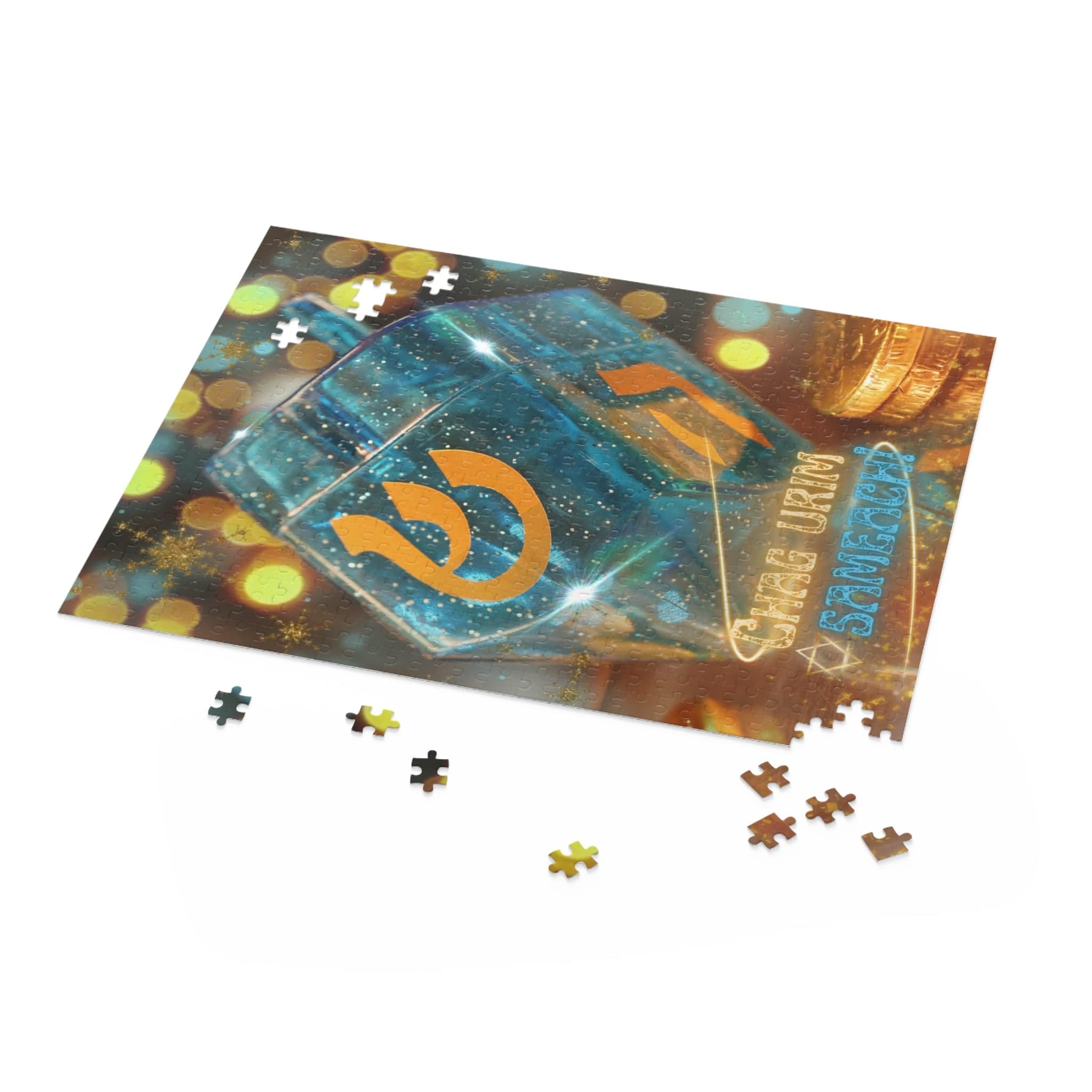 A partially completed Happy Festival Of Lights Hanukkah Jigsaw Gift Puzzle by Urban SoulShine & co is set on a white surface. This colorful, abstract-themed puzzle, crafted from high-quality chipboard, is an ideal holiday gift. Surrounding it are loose pieces ready to complete the festive design.