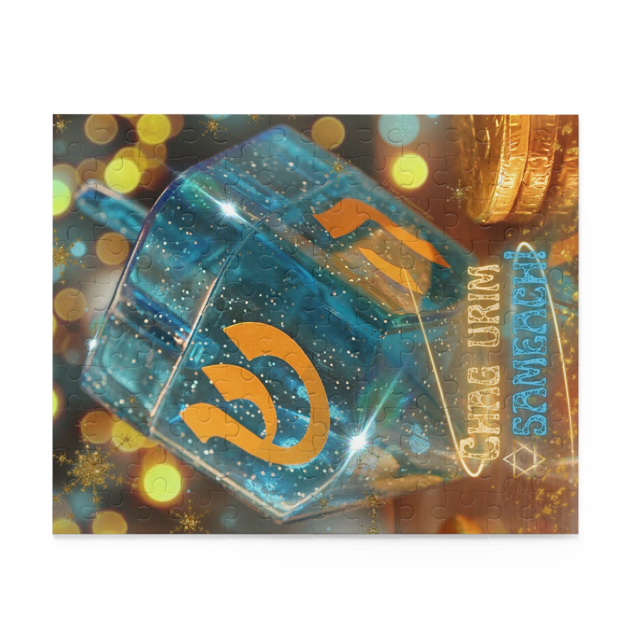 Featuring a decorative image of a blue dreidel adorned with gold Hebrew letters, this Happy Festival Of Lights Hanukkah Jigsaw Gift Puzzle from Urban SoulShine & co is surrounded by glowing orbs and two gold coins. Perfect as a unique puzzle or holiday gift, it displays the phrase "Chag Urim Sameach" on the right side against a backdrop of soft, abstract light patterns. Available in 120, 252, and 500-piece options.