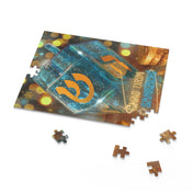 A partially assembled Happy Festival Of Lights Hanukkah Jigsaw Gift Puzzle by Urban SoulShine & co showcases an abstract design filled with bright colors and symbols. Made from high-quality chipboard, three pieces lay beside the main puzzle on a white surface, making it an ideal holiday gift.