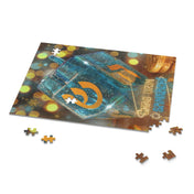 A partially completed Happy Festival Of Lights Hanukkah Jigsaw Gift Puzzle, from Urban SoulShine & co, reveals an image featuring a glass with a stylized orange logo, surrounded by colorful lights and the phrases "SAME LIKOWO" and "SANGRIOS." Crafted from high-quality chipboard, various pieces are scattered nearby—ideal as a holiday gift.