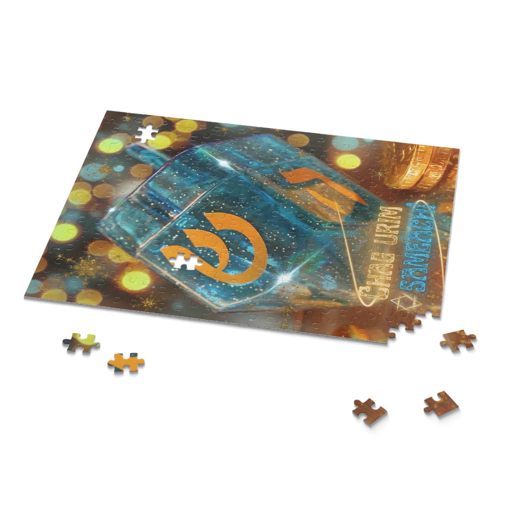 A partially completed Happy Festival Of Lights Hanukkah Jigsaw Gift Puzzle, from Urban SoulShine & co, reveals an image featuring a glass with a stylized orange logo, surrounded by colorful lights and the phrases "SAME LIKOWO" and "SANGRIOS." Crafted from high-quality chipboard, various pieces are scattered nearby—ideal as a holiday gift.