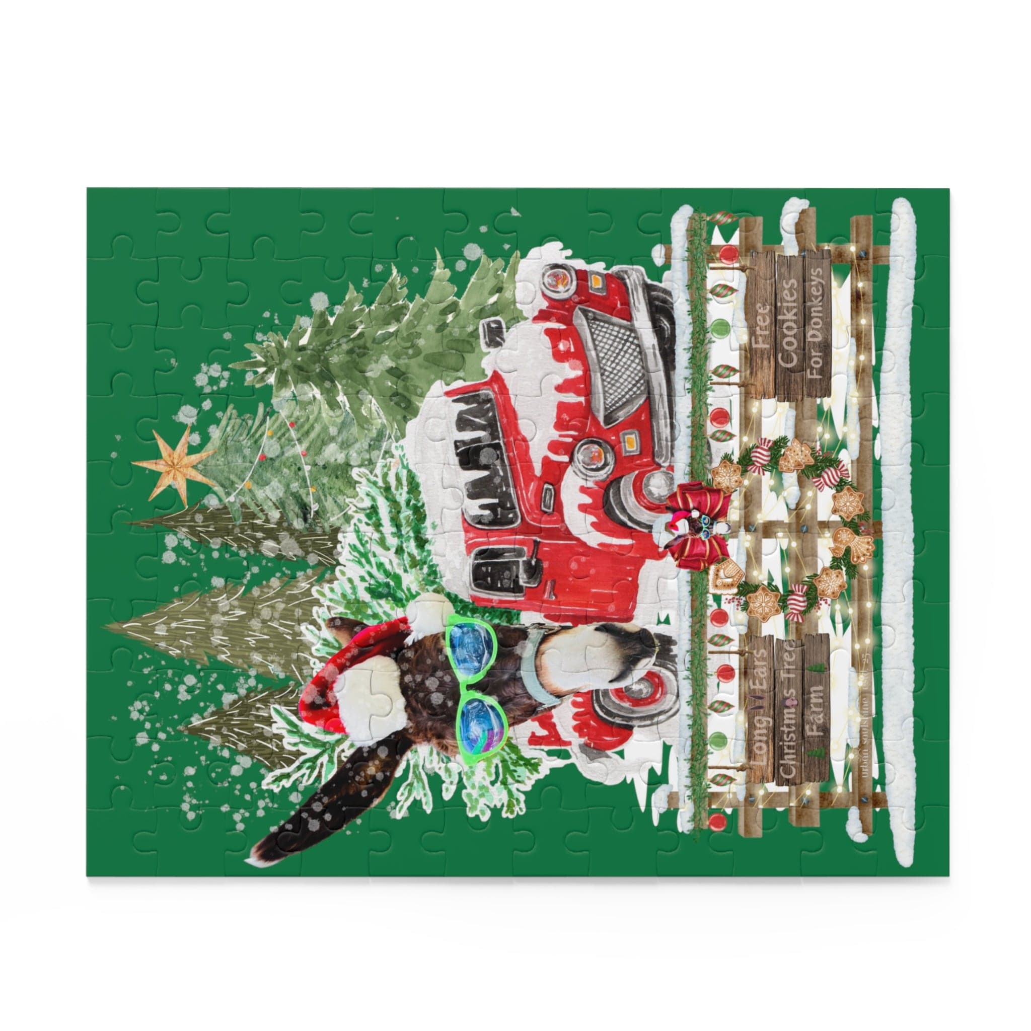 This enchanting jigsaw puzzle, the Long Ear Christmas Tree Farm Donkey Claus by Urban SoulShine & Co, features a delightful vintage red truck surrounded by snow, accompanied by a bunny in sunglasses and a Santa hat, Christmas trees, and wooden holiday signs set against a green backdrop. Made from premium chipboard, it arrives in a box perfect for gifting.