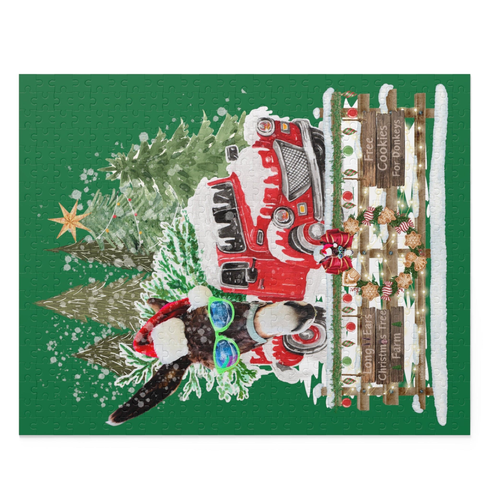 An enchanting illustration features a red vintage truck with a snow-covered roof parked beside a wooden sign that says "Christmas Tree Farm." Nearby, a whimsical rabbit wearing a Santa hat and sunglasses stands ready to deliver joy. This charming scene is captured in the Long Ear Christmas Tree Farm Donkey Claus Jigsaw Puzzle from Urban SoulShine & co, available in options of 120, 252, or 500 pieces, making it an excellent choice for gift-ready boxes.