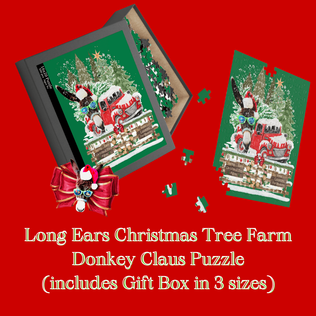 A festive jigsaw puzzle from Urban SoulShine & co, named "Long Ear Christmas Tree Farm Donkey Claus Jigsaw Puzzle," is presented on a red background. The high-quality chipboard puzzle and its gift-ready box display a donkey wearing a Santa hat alongside a truck and surrounded by Christmas trees. This puzzle is available in 120, 252, and 500-piece sizes.