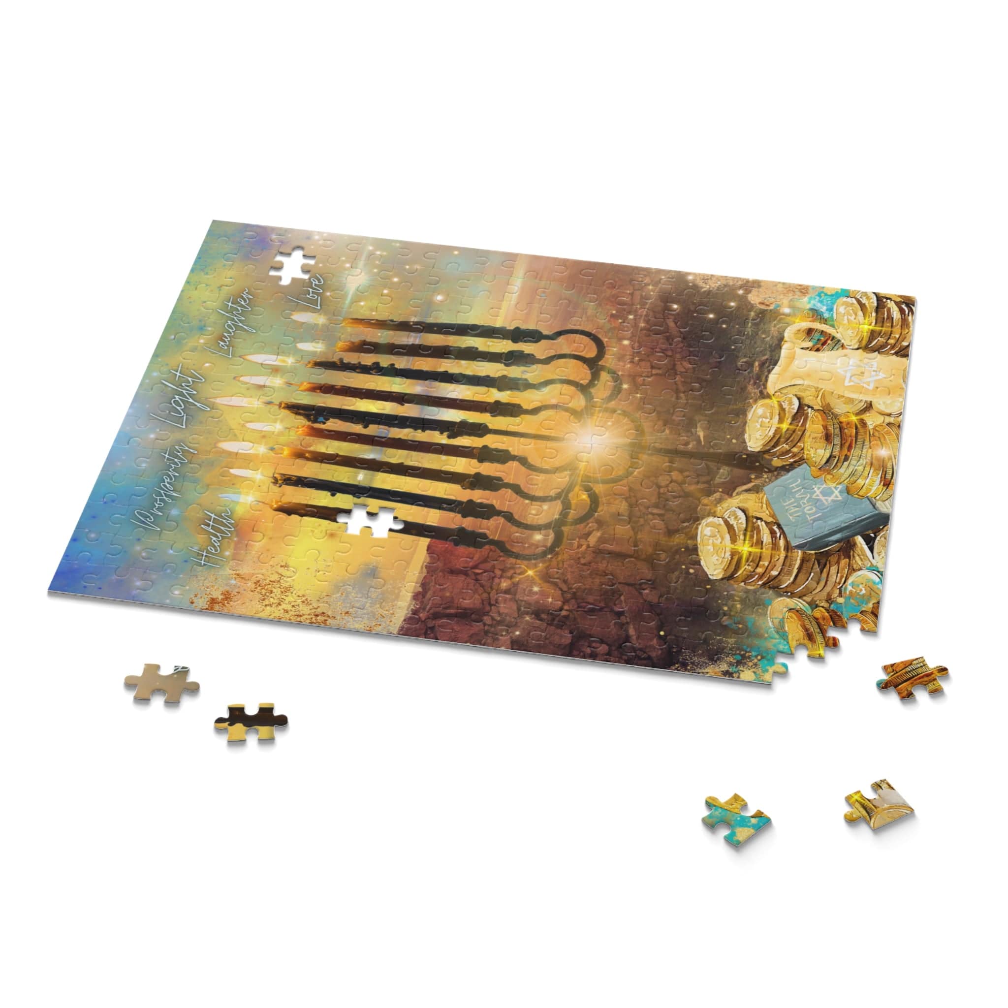 Urban SoulShine & co's Menorah Miracles Hanukkah Jigsaw Gift Puzzle, available in 120, 252, or 500 pieces, showcases a vibrant and colorful menorah and coin design. With several pieces scattered around, it makes the ideal holiday gift for those who enjoy embracing festive challenges.