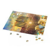 The Menorah Miracles Hanukkah Jigsaw Gift Puzzle by Urban SoulShine & co presents a delightful scene of a menorah with glowing candles set against a vibrant backdrop. With scattered unplaced pieces, coins, and books enhancing its allure, this symbolic jigsaw puzzle makes a perfect holiday gift for those who appreciate tradition and enjoy taking on challenges. Available in 120, 252, and 500-piece options.