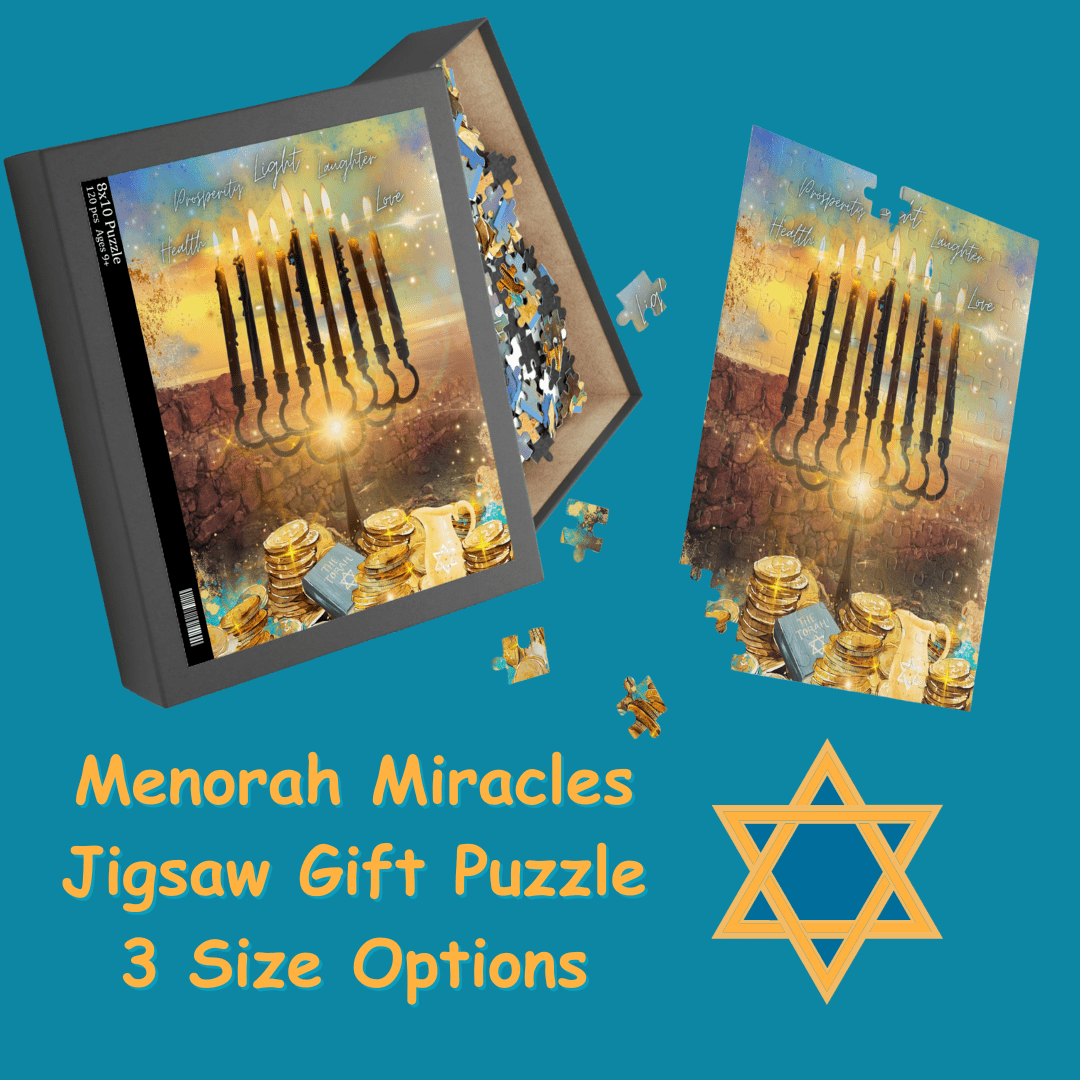 A jigsaw puzzle box showcasing its intricate pieces is on display. The cover art presents a menorah, dreidels, and coins set against a sunset backdrop with a Star of David adding to its charm. The text reads "Menorah Miracles Hanukkah Jigsaw Gift Puzzle," offered by Urban SoulShine & co in sizes of 120, 252, or 500 pieces, making it an ideal holiday gift.