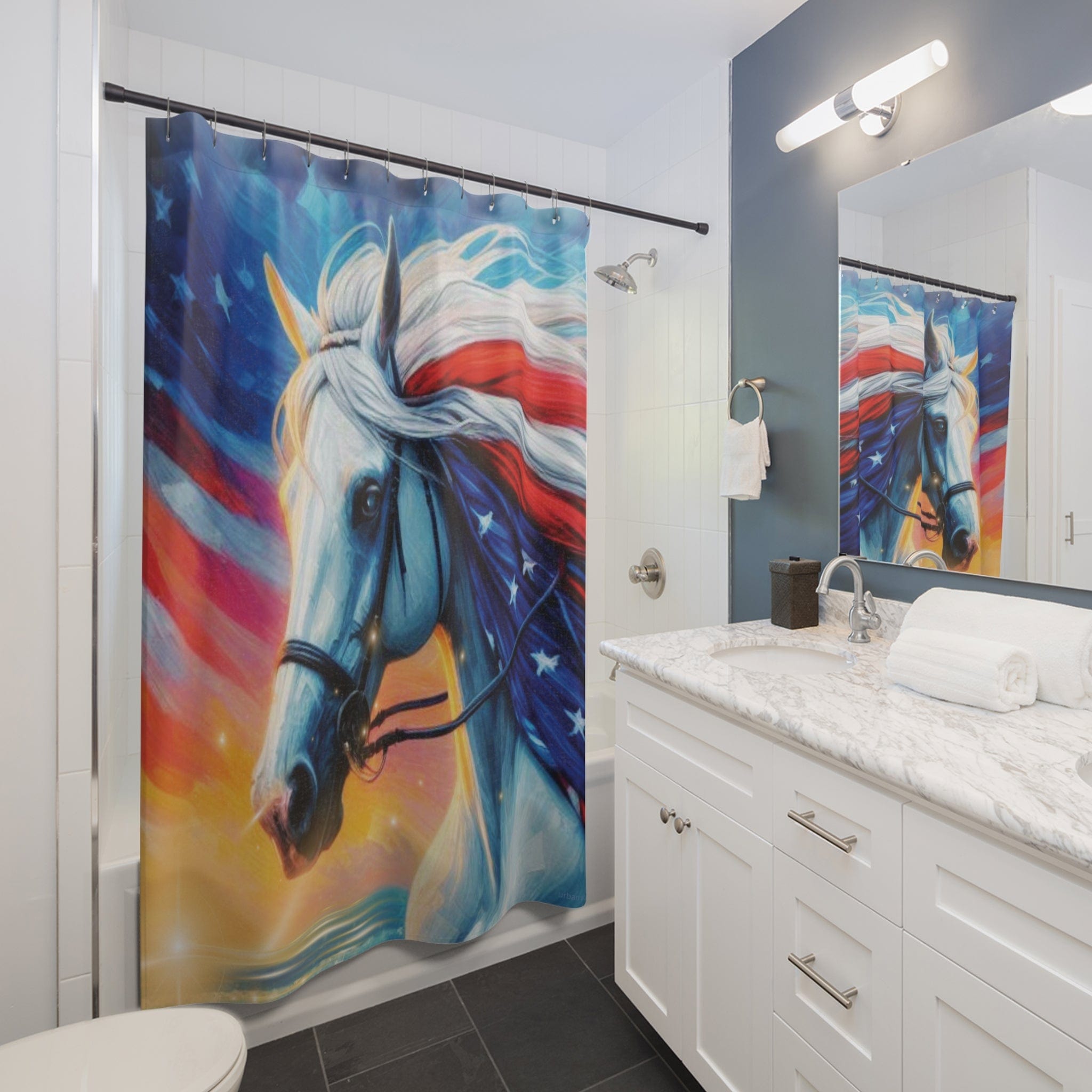 Urban SoulShine & co Shower Curtain 71" × 74" American Mane Patriotic Horse Lover Custom Shower Curtain