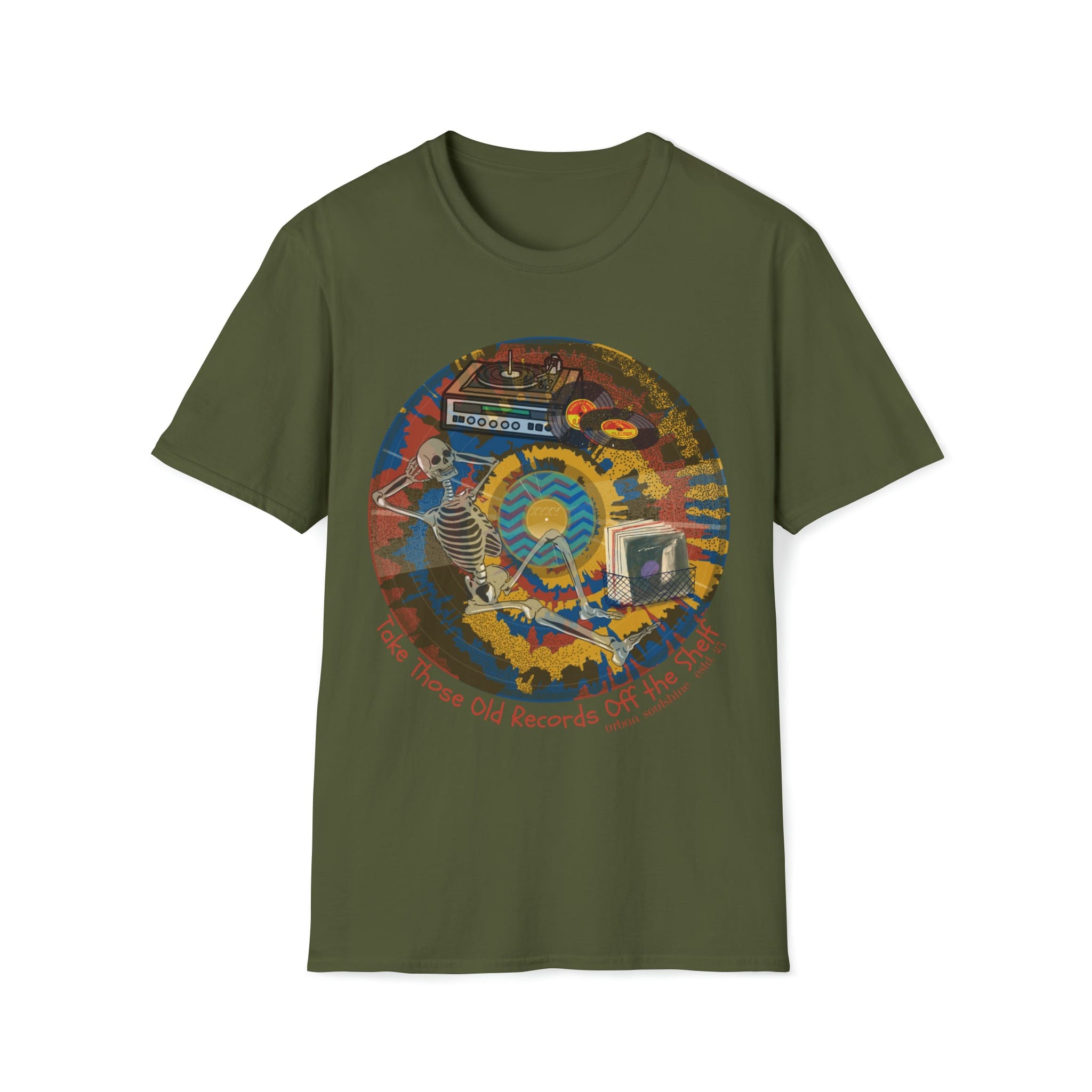 Old Records Off The Shelf Music Lover Tee (unisex) Military Green