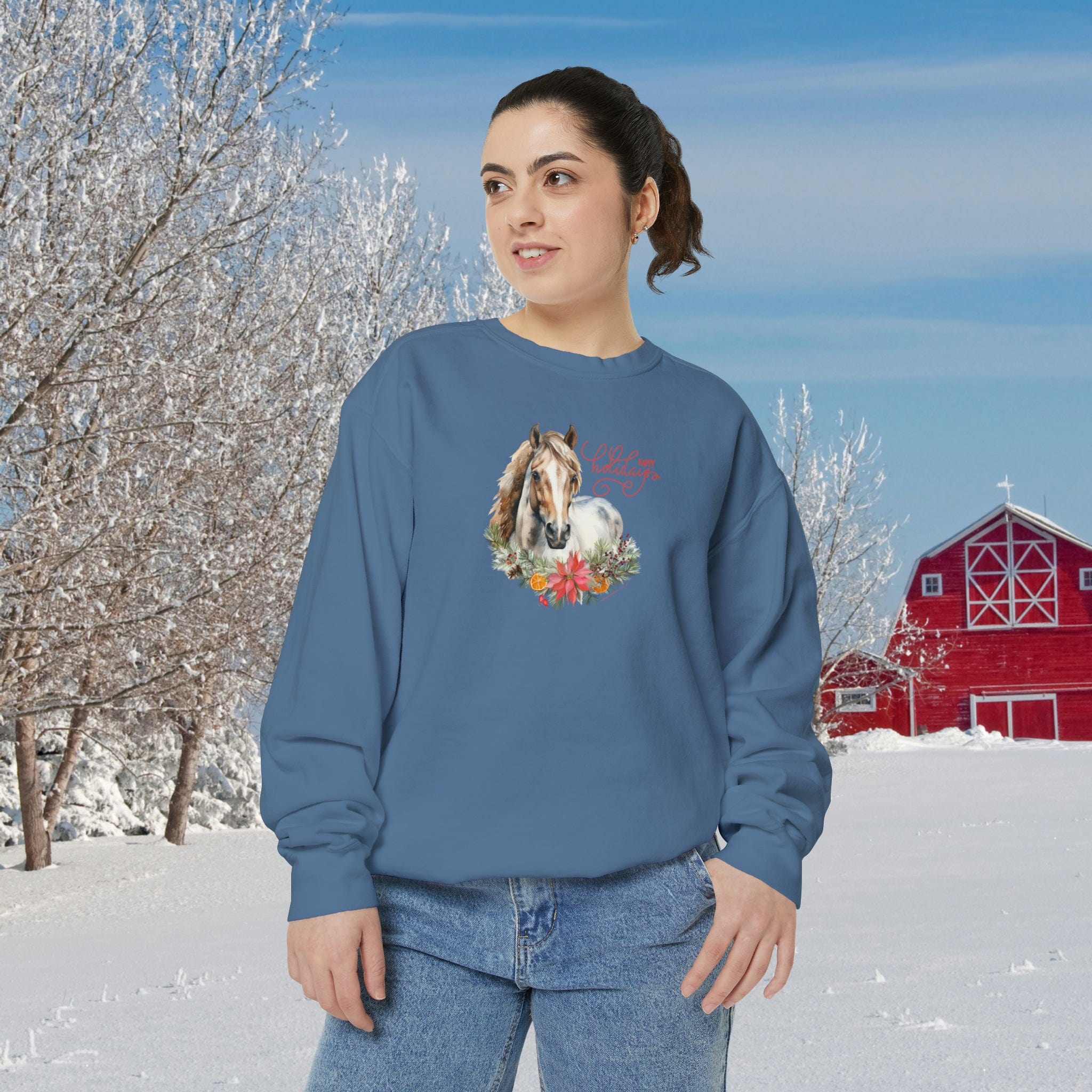 Urban SoulShine & co Sweatshirt Blue Jean / S A Horse Lover's Christmas Garment-Dyed Sweatshirt