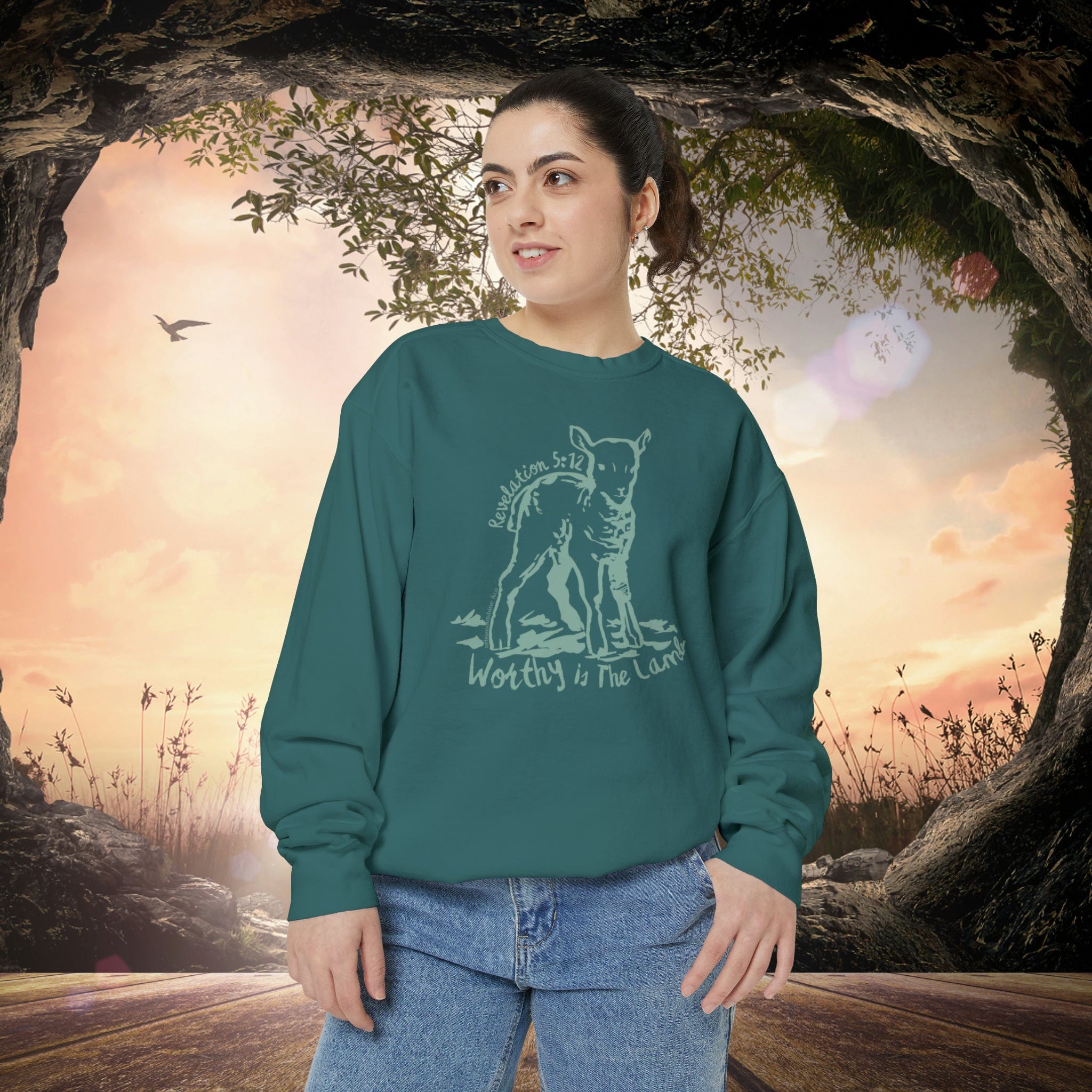 Urban SoulShine & co Sweatshirt Blue Spruce / S Worthy Is The Lamb Easter Crewneck Sweatshirt