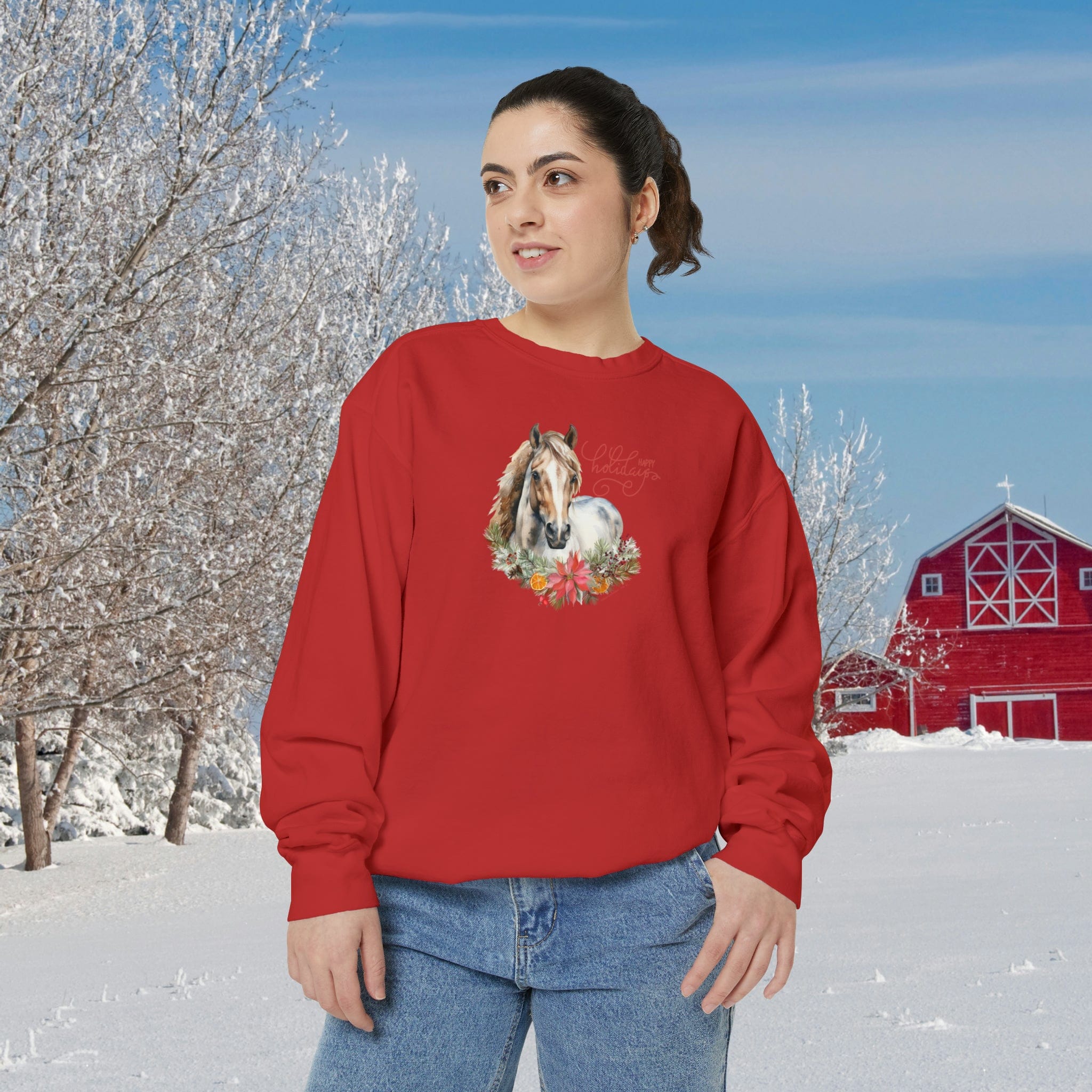 Urban SoulShine & co Sweatshirt Crimson / S A Horse Lover's Christmas Garment-Dyed Sweatshirt