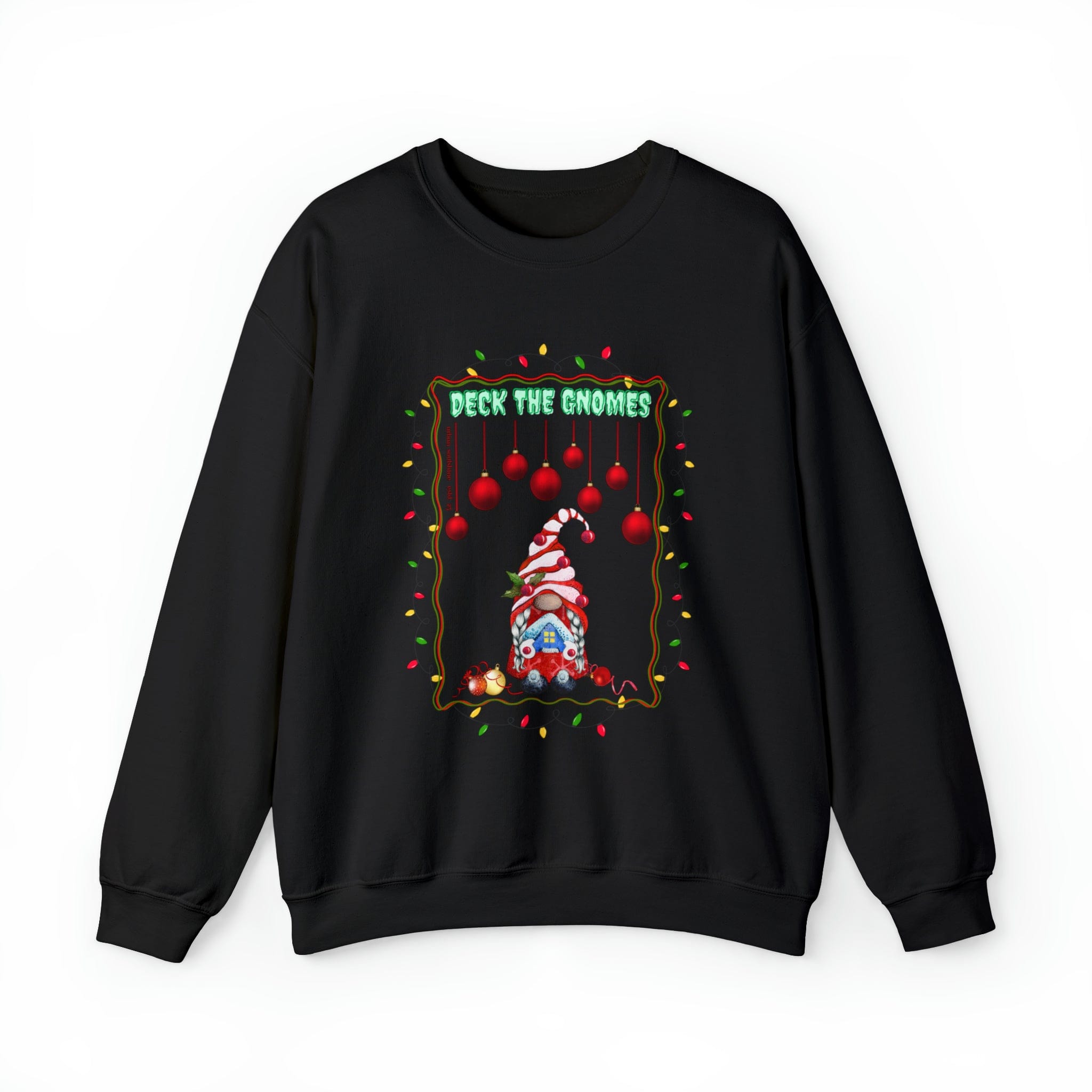 Introducing the Urban SoulShine & co Deck The Gnomes Holiday Crewneck Sweatshirt for unisex wear. This cozy black sweatshirt features a vibrant illustration of a gnome wearing a red and white striped hat, complemented by the playful "Deck the Gnomes" text embellished with hanging red ornaments and surrounded by multicolored lights. Crafted from a soft polyester-cotton blend, it's perfect for festive fun.