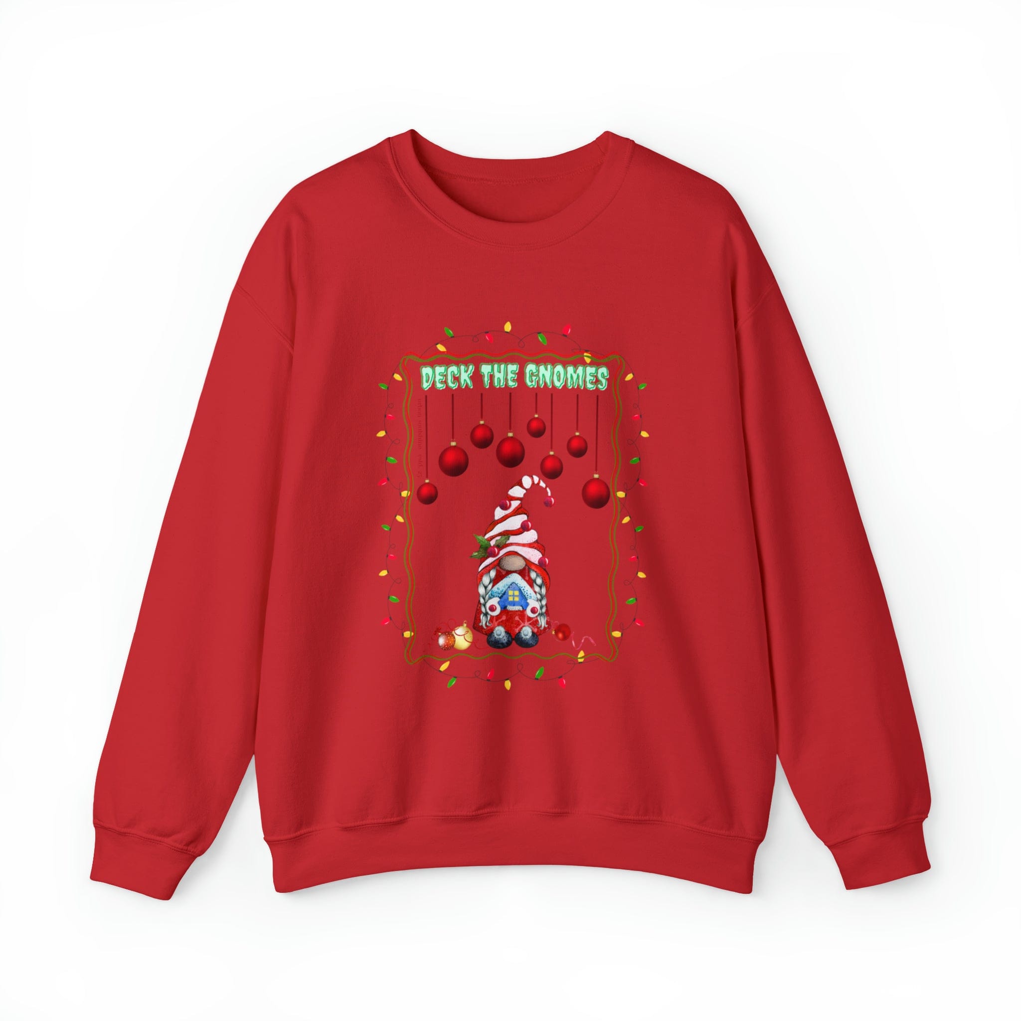 Urban SoulShine & co presents the "Deck The Gnomes Holiday Crewneck Sweatshirt (Unisex)," showcasing a joyful design with a gnome sporting a red and white hat. Adorned with the phrase "Deck the Gnomes," it is set against a background of dangling red ornaments and surrounded by a green leafy border. Crafted from a warm polyester cotton blend, this sweater offers both comfort and style.