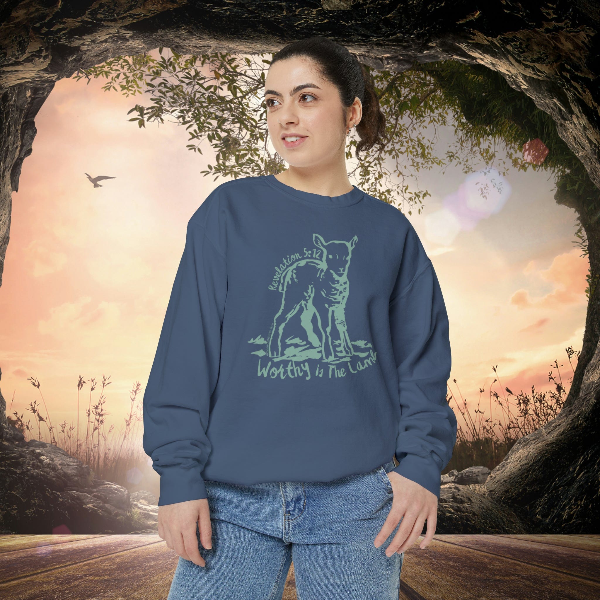 Urban SoulShine & co Sweatshirt Denim / S Worthy Is The Lamb Easter Crewneck Sweatshirt