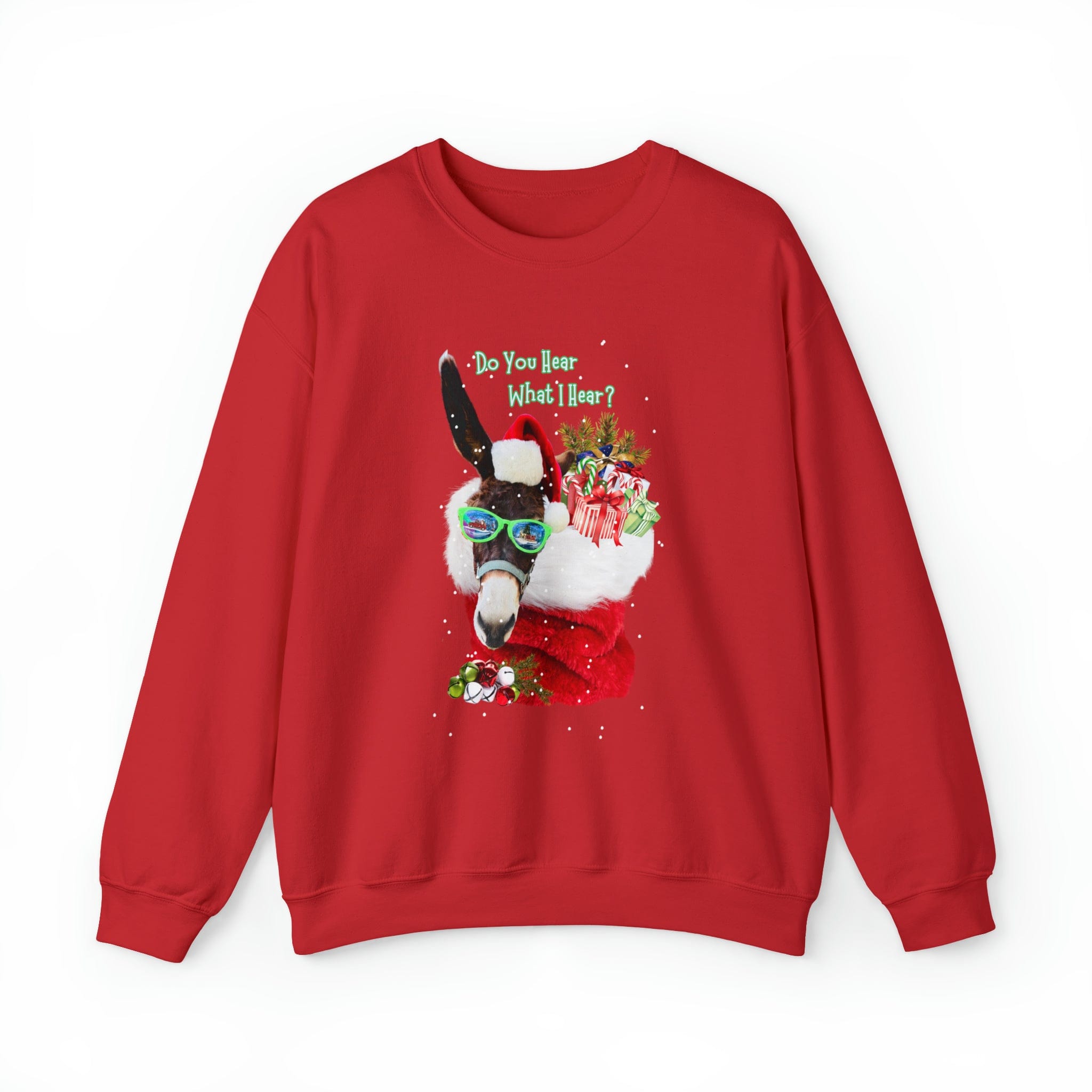 This unisex sweatshirt from Urban SoulShine & Co, titled "Do You Hear What I Hear Donkey Claus Christmas Sweatshirt," features a vibrant design with a donkey wearing sunglasses and a Santa hat, surrounded by gifts and festive decorations on a red heavy blend crewneck. The text above the design poses the question, "Do You Hear What I Hear?" making it an ideal choice for infusing your holiday wardrobe with quirky cheer.