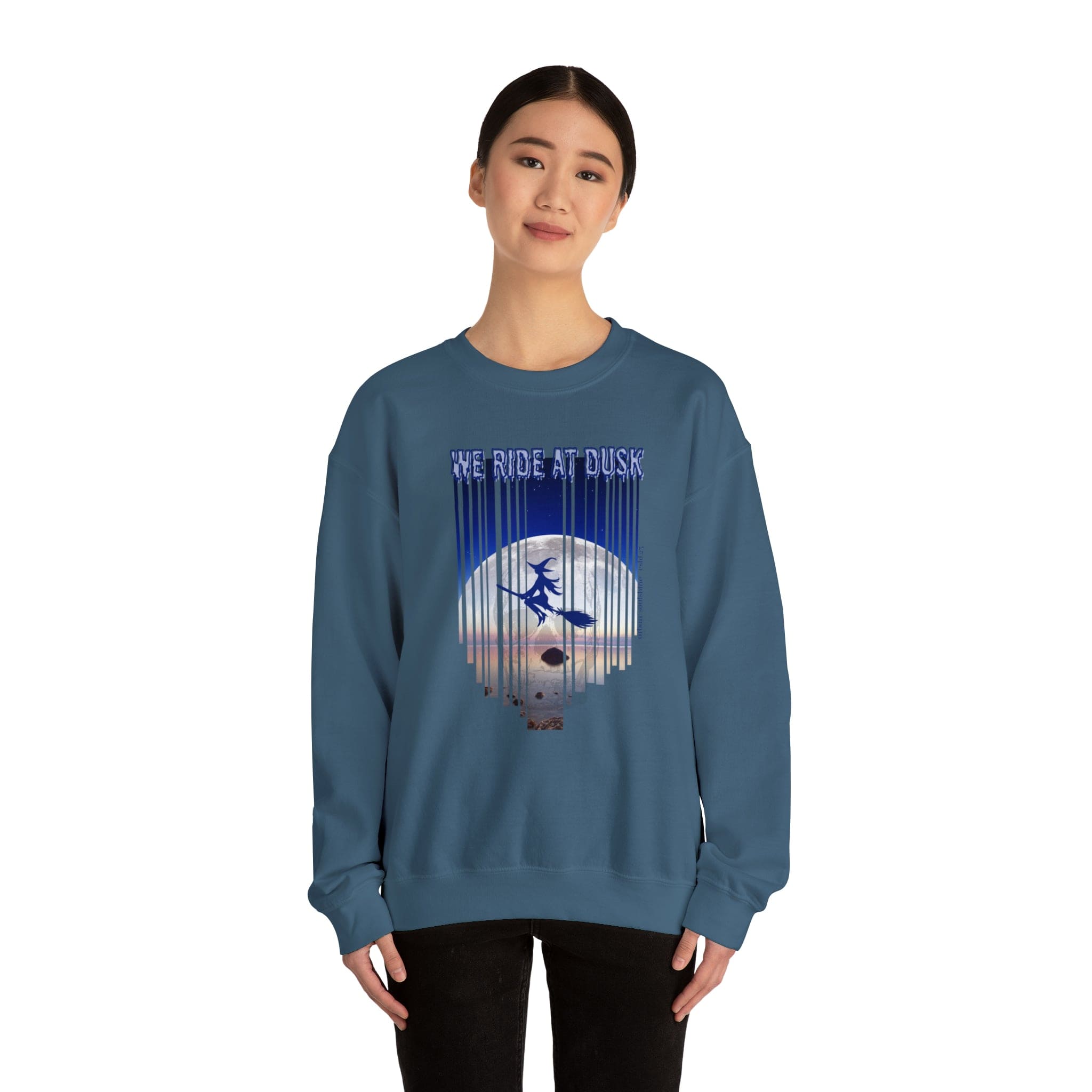 Urban SoulShine & co Sweatshirt M / Indigo Blue We Ride At Dusk Moonlight Witch Flight Halloween Crewneck Sweatshirt