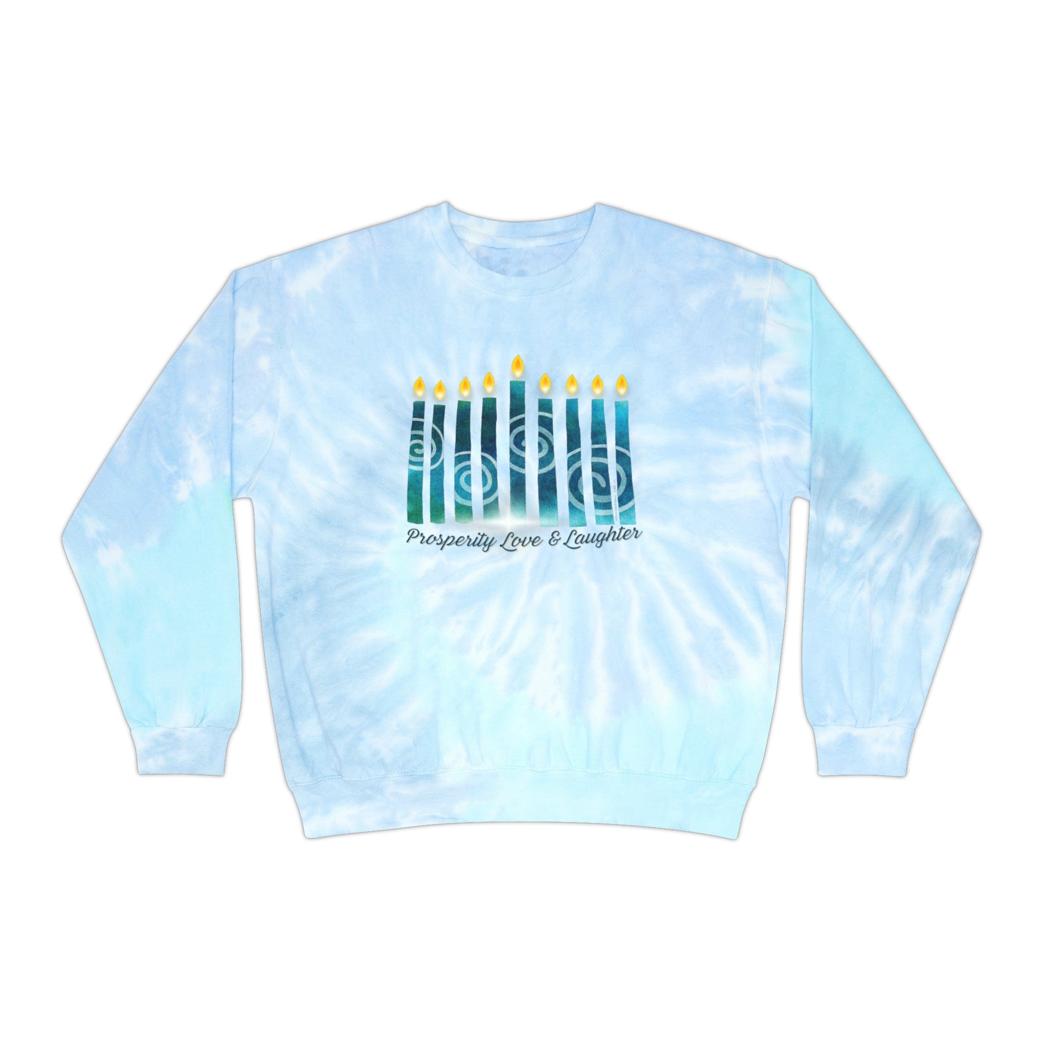 The Urban SoulShine & co "Prosperity Love & Laughter" Tie-Dye Hanukkah Sweatshirt features a custom design with nine lit blue candles on a light blue tie-dye background. Made from pre-shrunk cotton, this unisex sweatshirt ensures a casual, relaxed fit ideal for cozy celebrations.