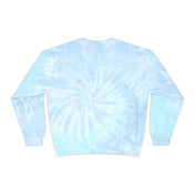 The Prosperity Love & Laughter Tie-Dye Hanukkah Sweatshirt (Unisex) by Urban SoulShine & co showcases a spiral design with varying shades of blue and white. Crafted from pre-shrunk cotton, it offers the comfort of long sleeves with ribbed cuffs.