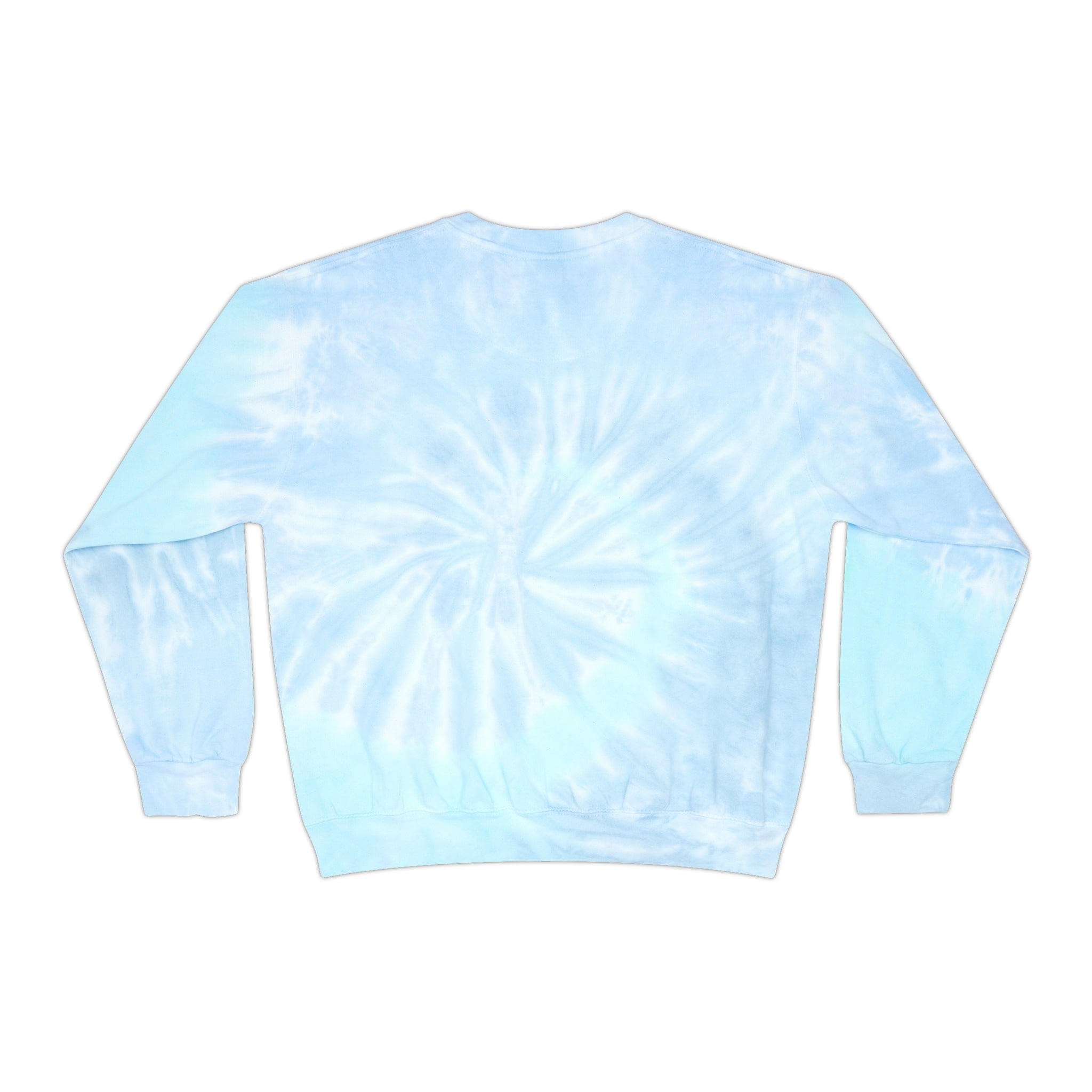 The Prosperity Love & Laughter Tie-Dye Hanukkah Sweatshirt (Unisex) by Urban SoulShine & co showcases a spiral design with varying shades of blue and white. Crafted from pre-shrunk cotton, it offers the comfort of long sleeves with ribbed cuffs.