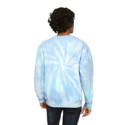 A person with curly hair stands facing away from the camera, dressed in a Prosperity Love & Laughter Tie-Dye Hanukkah Sweatshirt from Urban SoulShine & co, made of pre-shrunk cotton in a light blue hue, paired with dark jeans. The image showcases the back of the sweatshirt, highlighting its swirl pattern design.