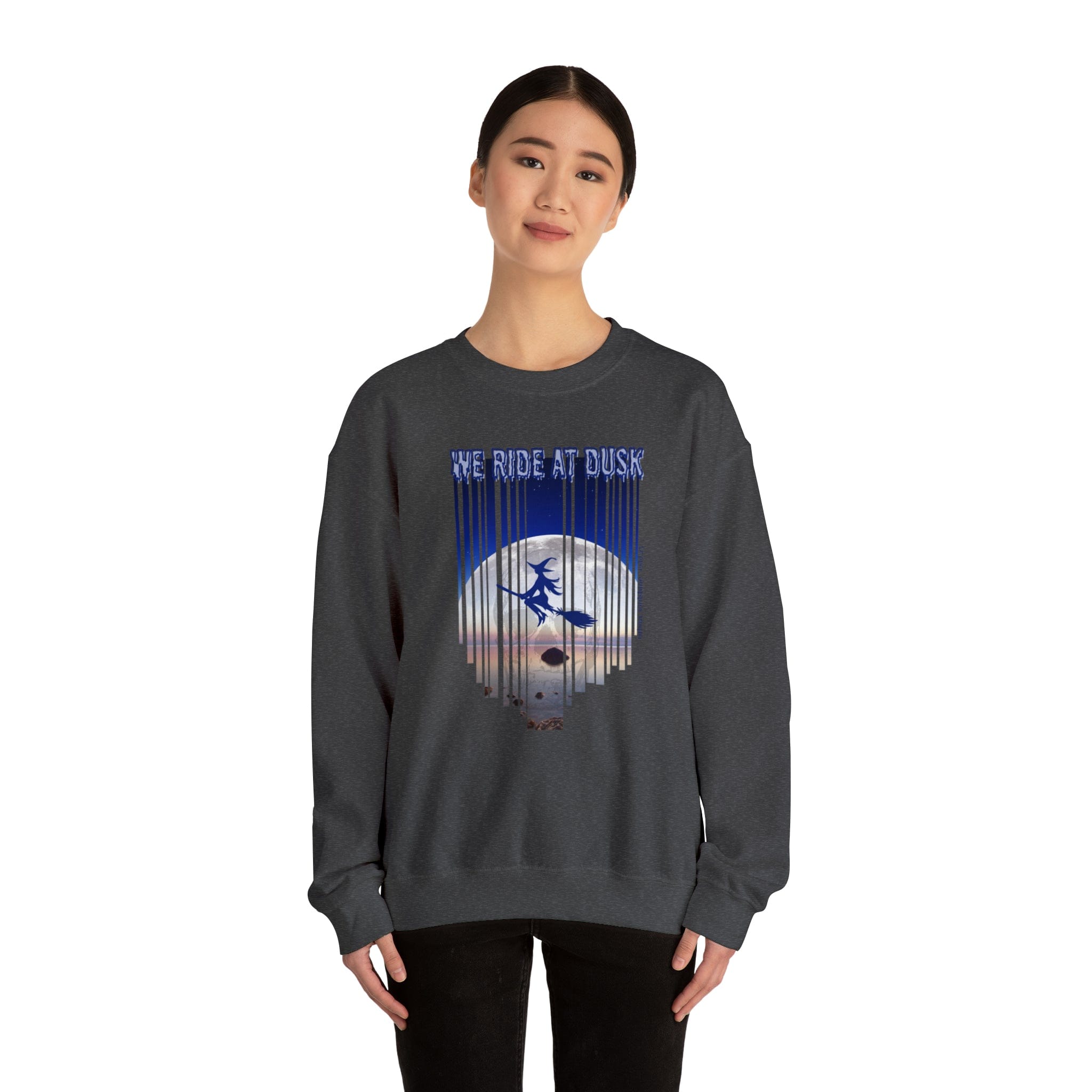 Urban SoulShine & co Sweatshirt S / Dark Heather We Ride At Dusk Moonlight Witch Flight Halloween Crewneck Sweatshirt