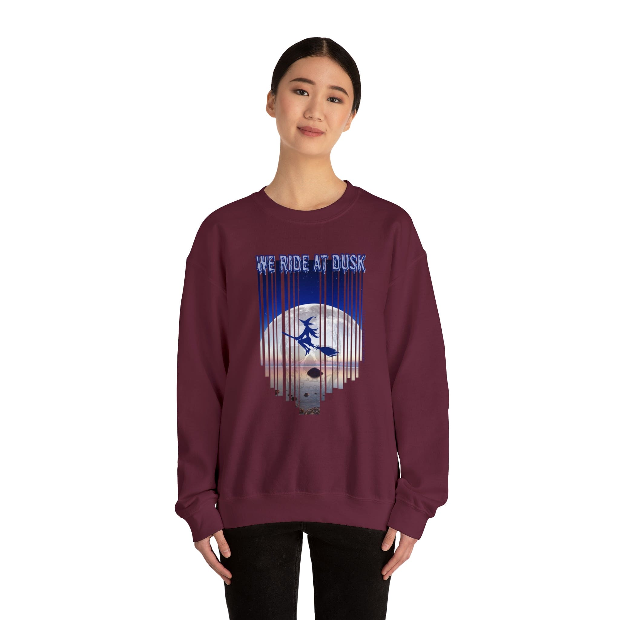 Urban SoulShine & co Sweatshirt S / Maroon We Ride At Dusk Moonlight Witch Flight Halloween Crewneck Sweatshirt