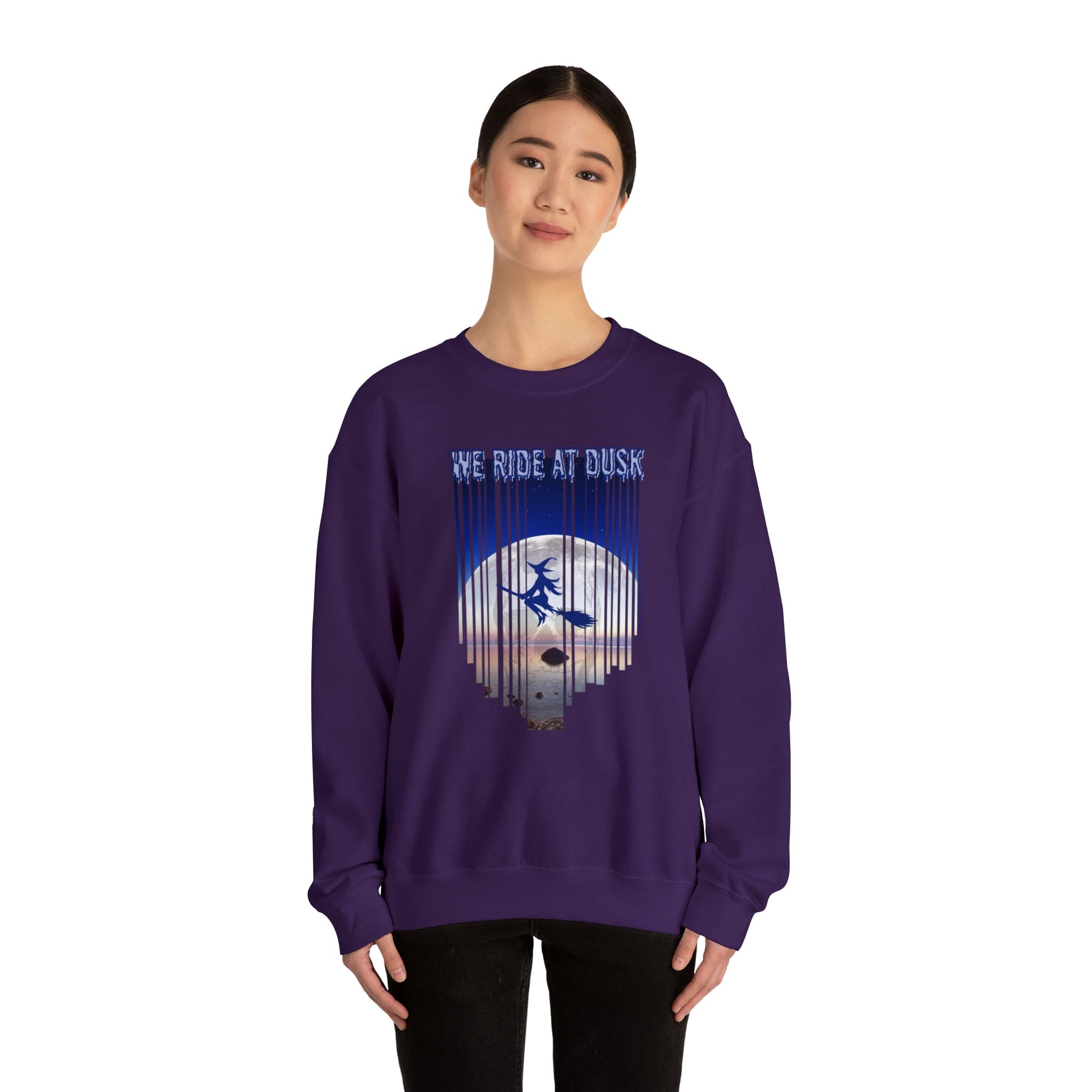  Purple We Ride At Dusk Moonlight Witch Flight Halloween Crewneck Sweatshirt