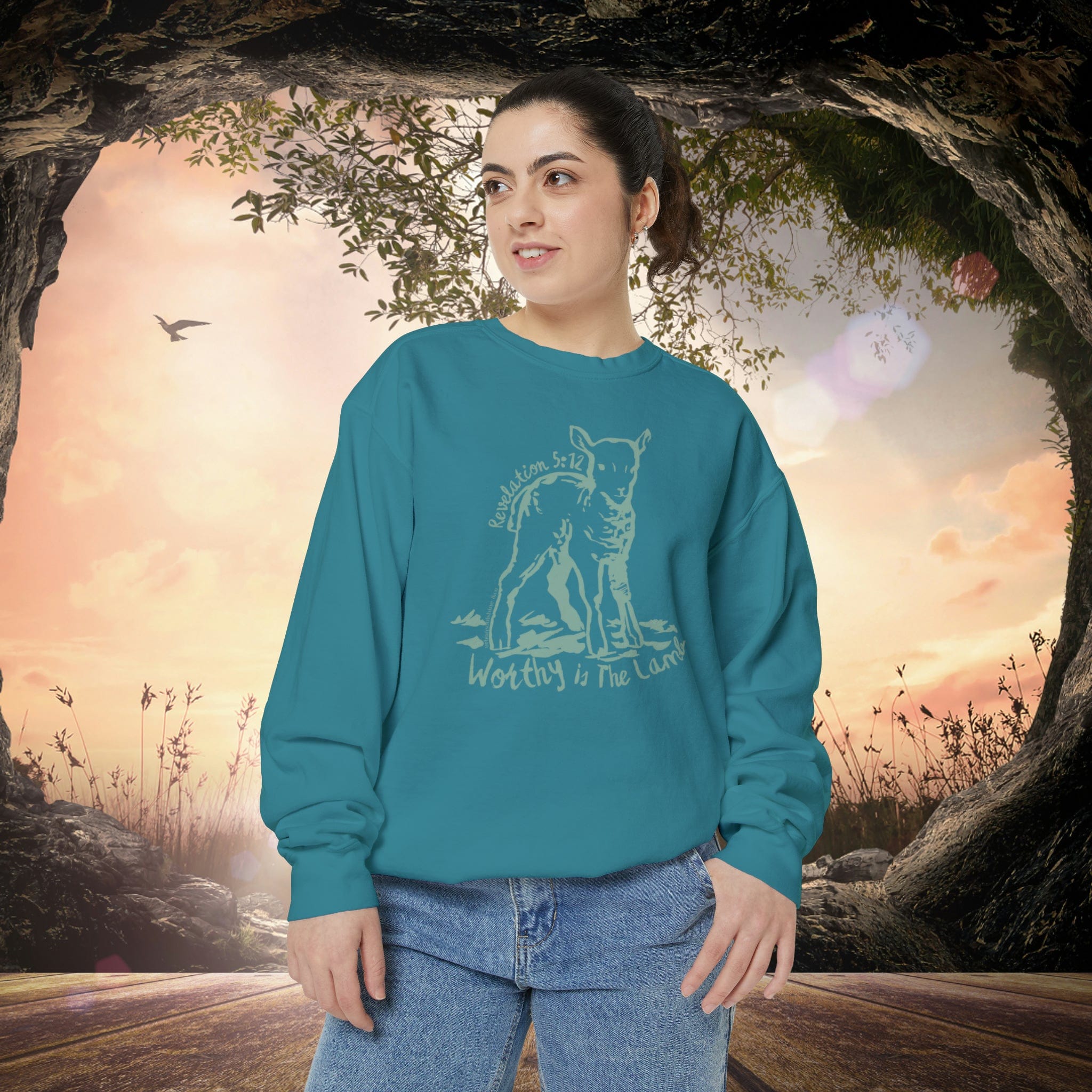 Urban SoulShine & co Sweatshirt Topaz Blue / S Worthy Is The Lamb Easter Crewneck Sweatshirt