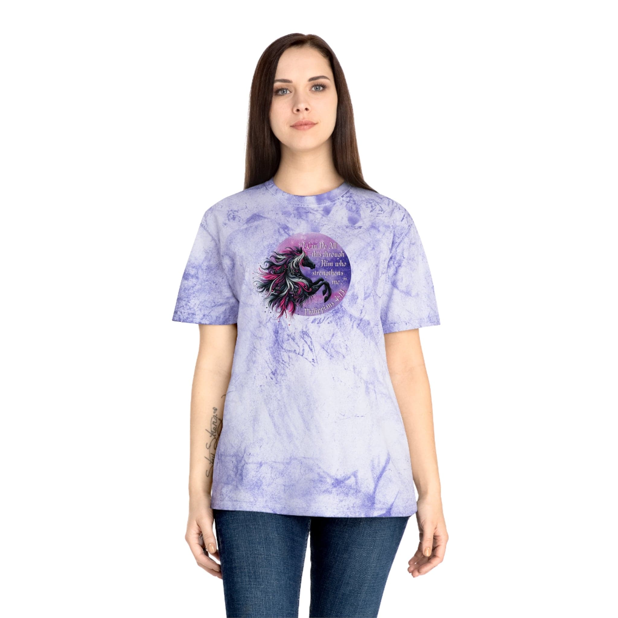 Urban SoulShine & co T-Shirt Amethyst / S I Can Do All Through Him Purple Moon Horse Lover Tie Dyed Tee