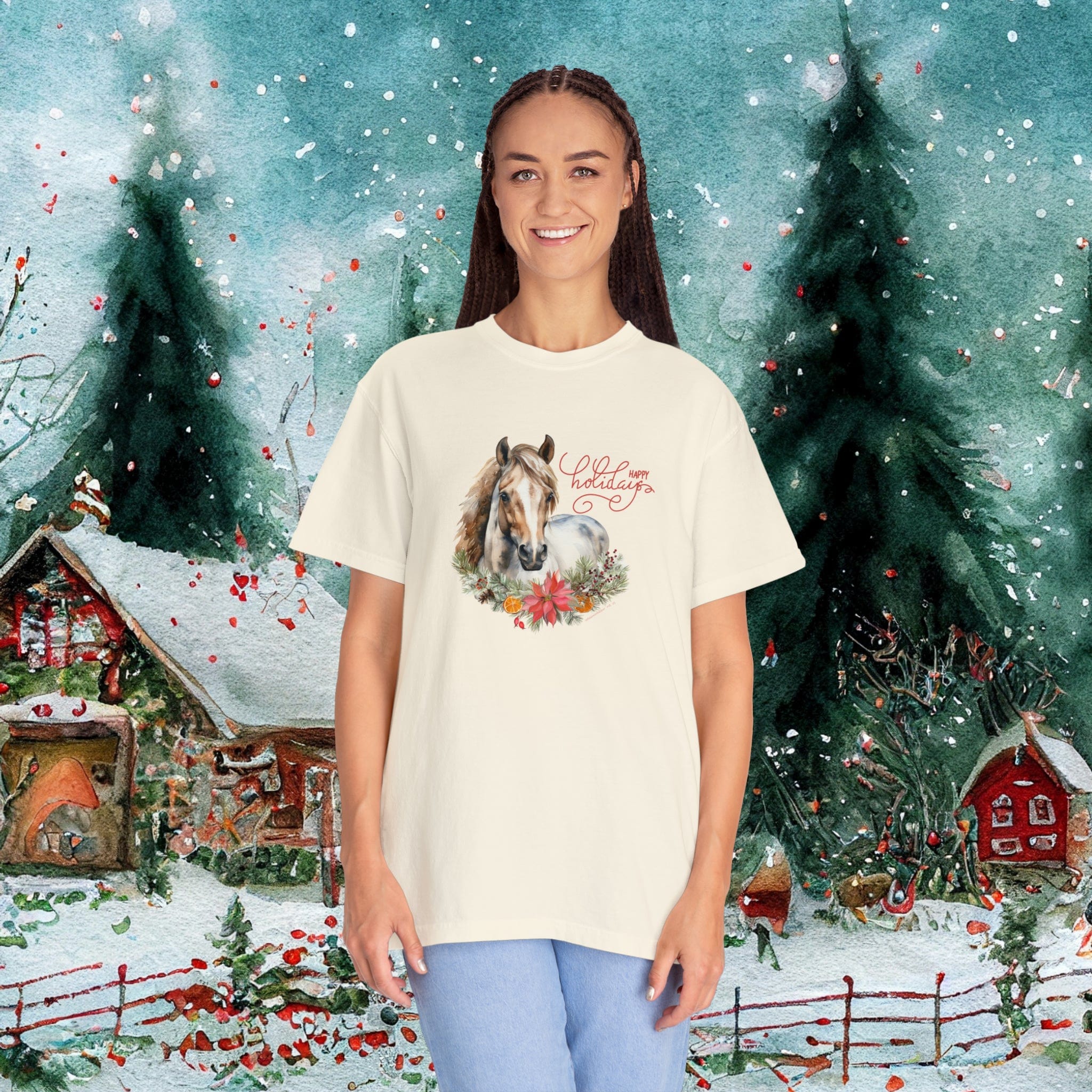 Urban SoulShine & co T-Shirt Ivory / S A Horse Lover's Christmas Garment-Dyed T-shirt