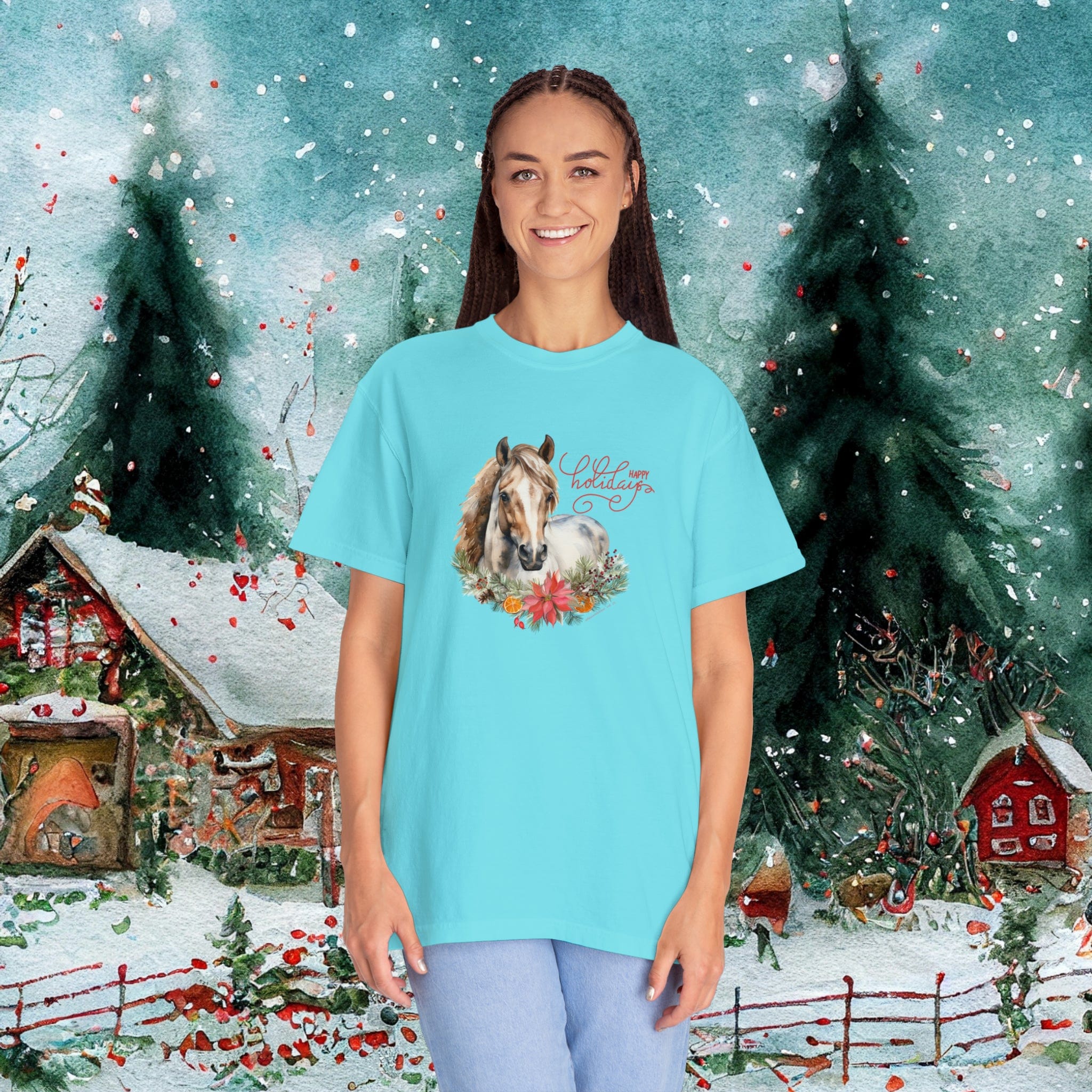 Urban SoulShine & co T-Shirt Lagoon Blue / S A Horse Lover's Christmas Garment-Dyed T-shirt