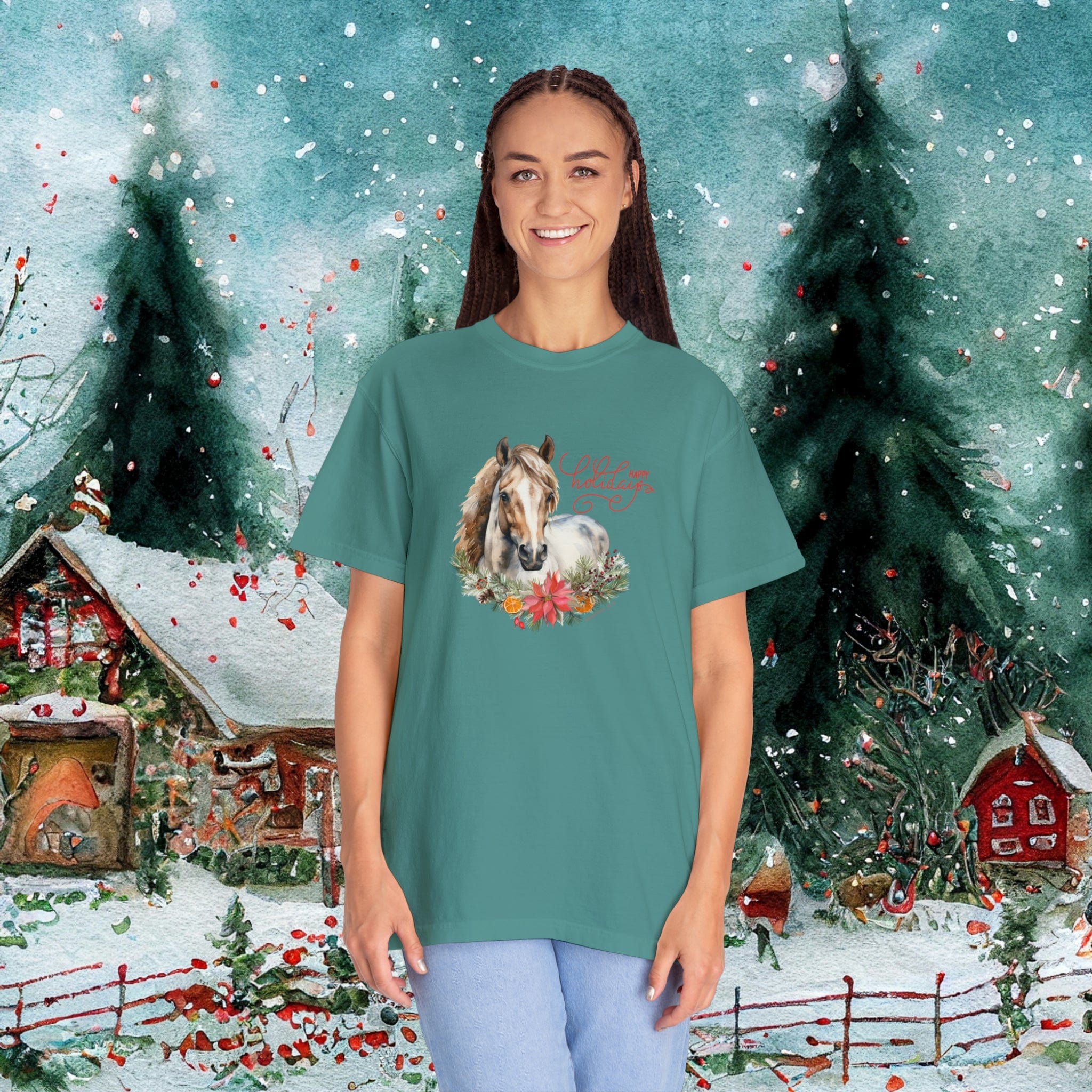 Urban SoulShine & co T-Shirt Seafoam / S A Horse Lover's Christmas Garment-Dyed T-shirt