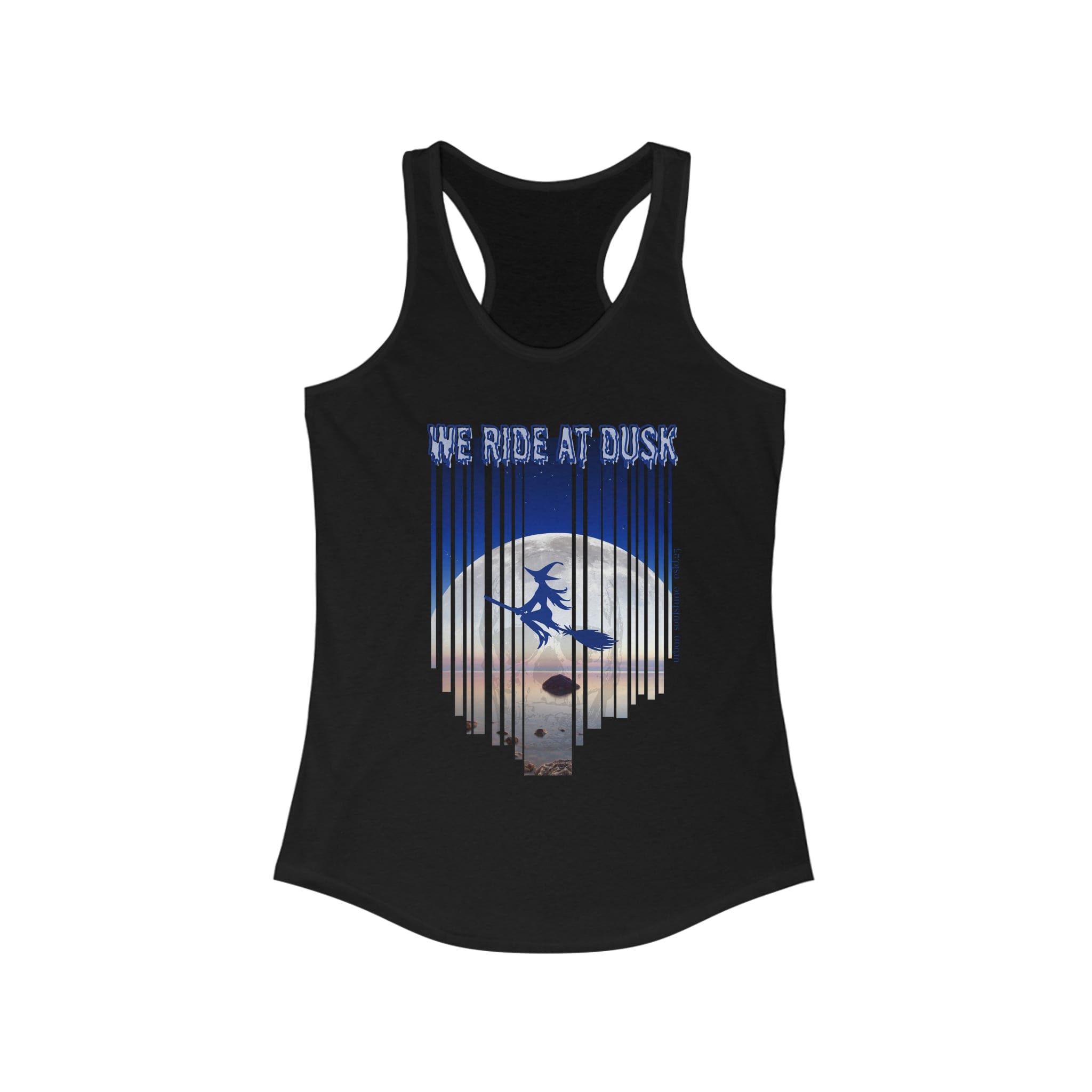  Solid Black We Ride At Dusk Moonlight Flight Witch Women's Halloween Razorback Tank