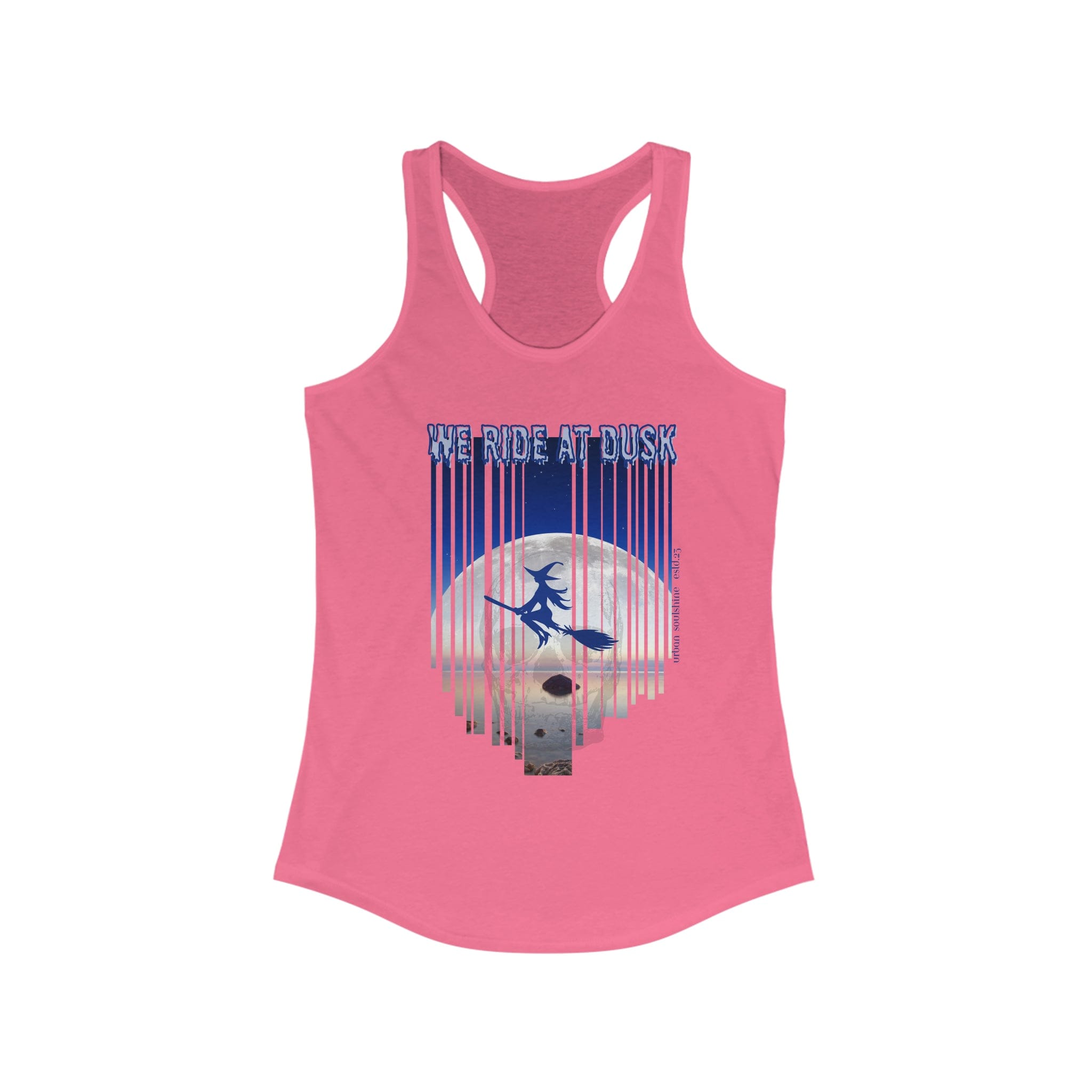 Urban SoulShine & co Tank Top XS / Solid Hot Pink We Ride At Dusk Moonlight Flight Witch Women's Halloween Razorback Tank