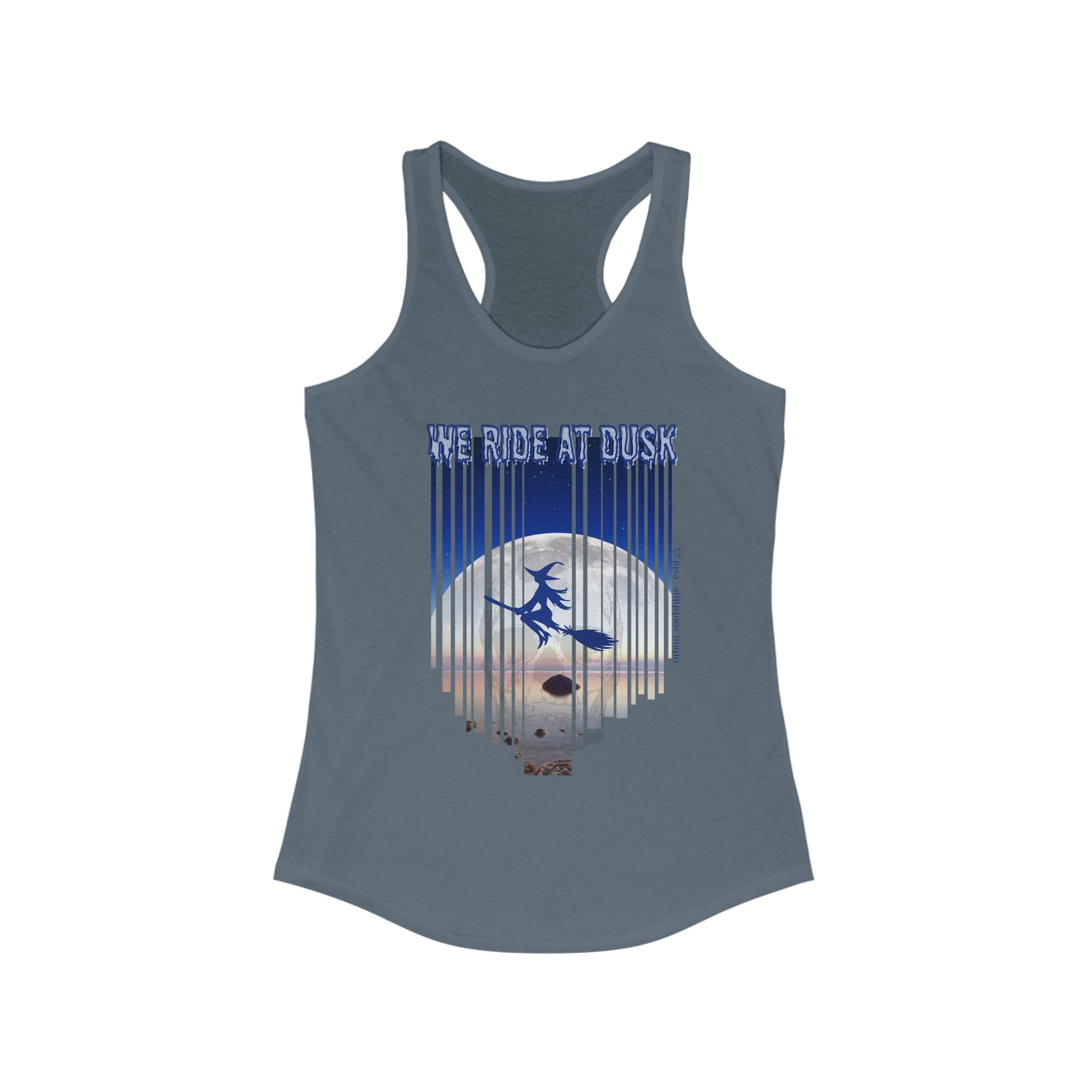  Solid Indigo We Ride At Dusk Moonlight Flight Witch Women's Halloween Razorback Tank