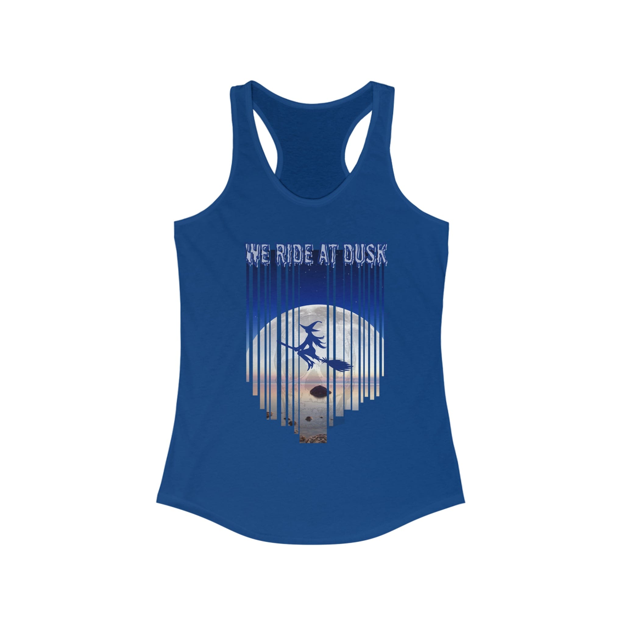  Solid Royal We Ride At Dusk Moonlight Flight Witch Women's Halloween Razorback Tank