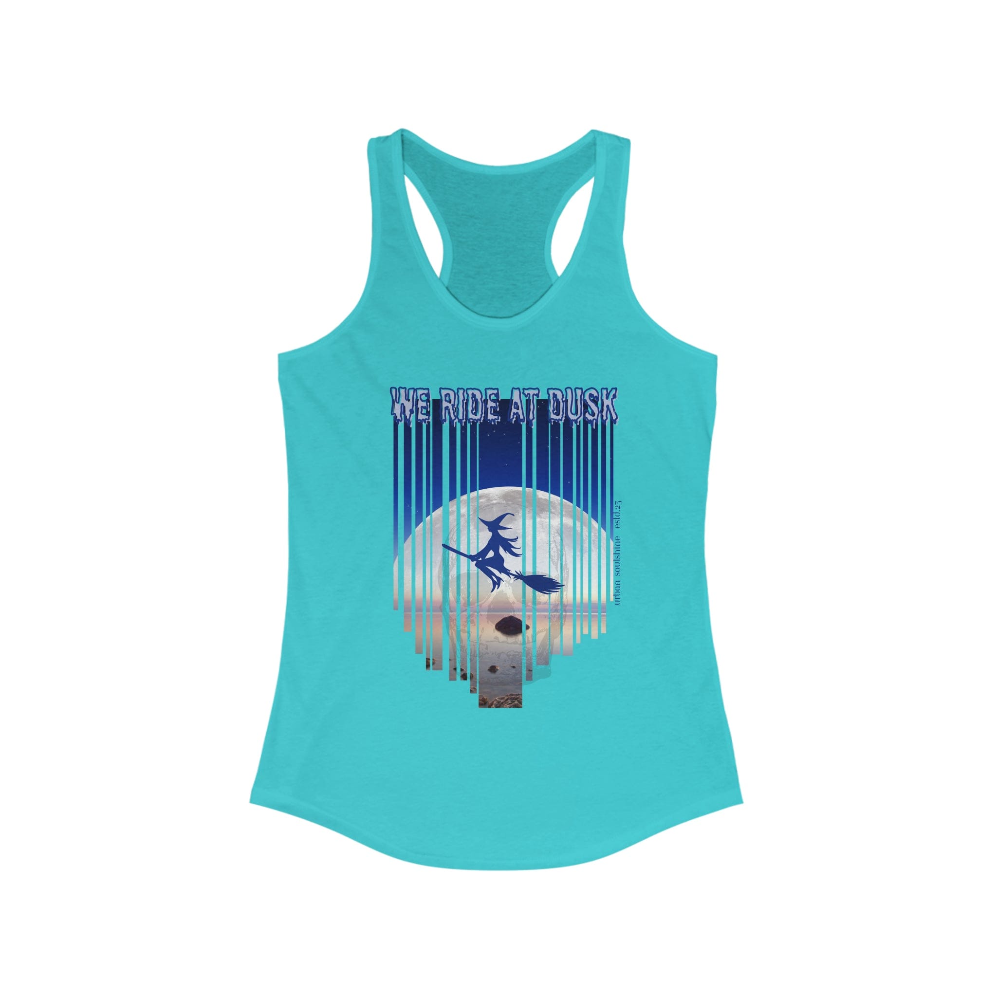 Urban SoulShine & co Tank Top XS / Solid Tahiti Blue We Ride At Dusk Moonlight Flight Witch Women's Halloween Razorback Tank