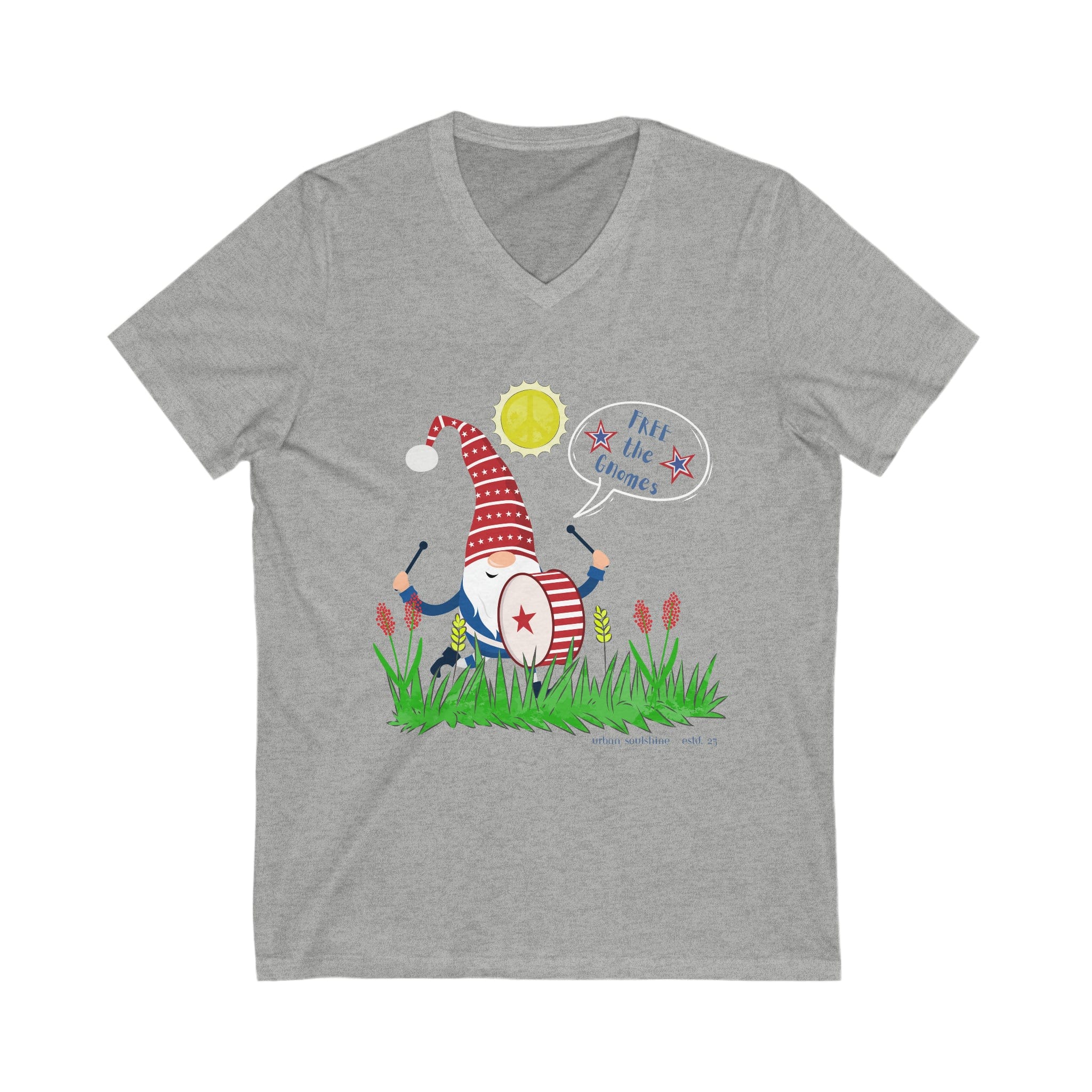  Athletic Heather Free the Gnomes Drummer V-Neck Tee